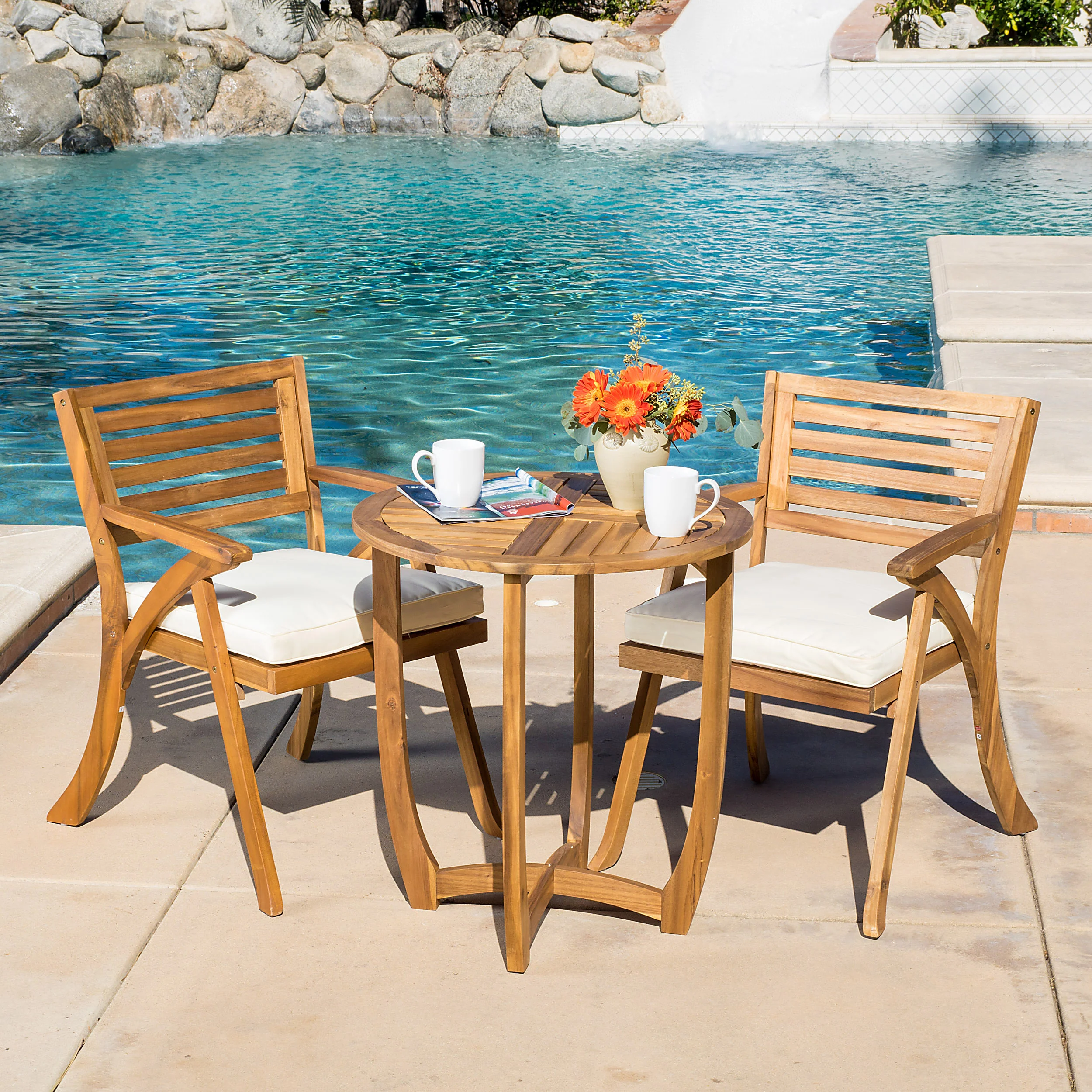 CoastSide Outdoor 3-Piece Teak Finish Acacia Wood Bistro Set with Cream Cushions - furnishings