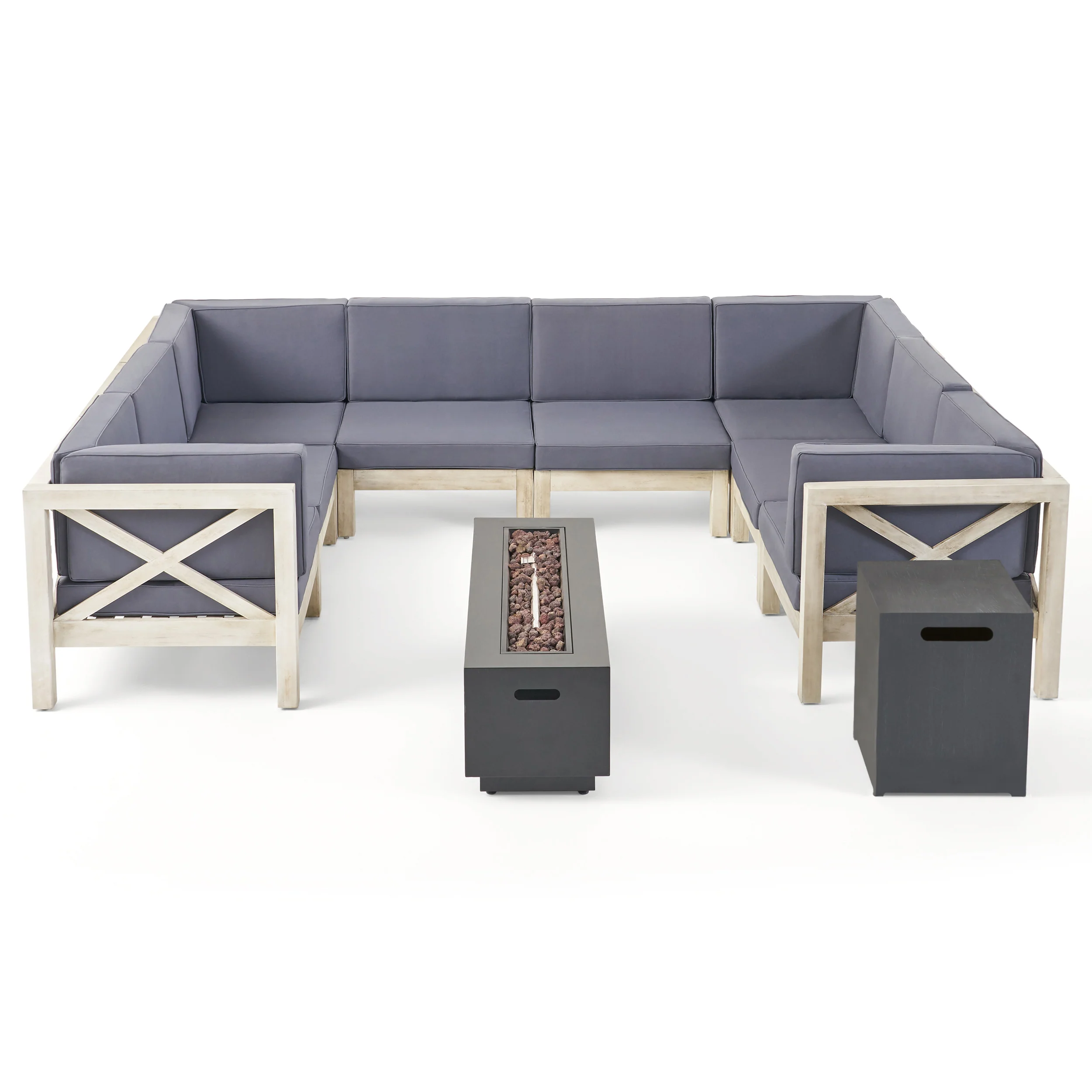 Muriel Outdoor Farmhouse Acacia Wood 8 Seater U-Shaped Sectional Sofa Set with Fire Pit - furnishings