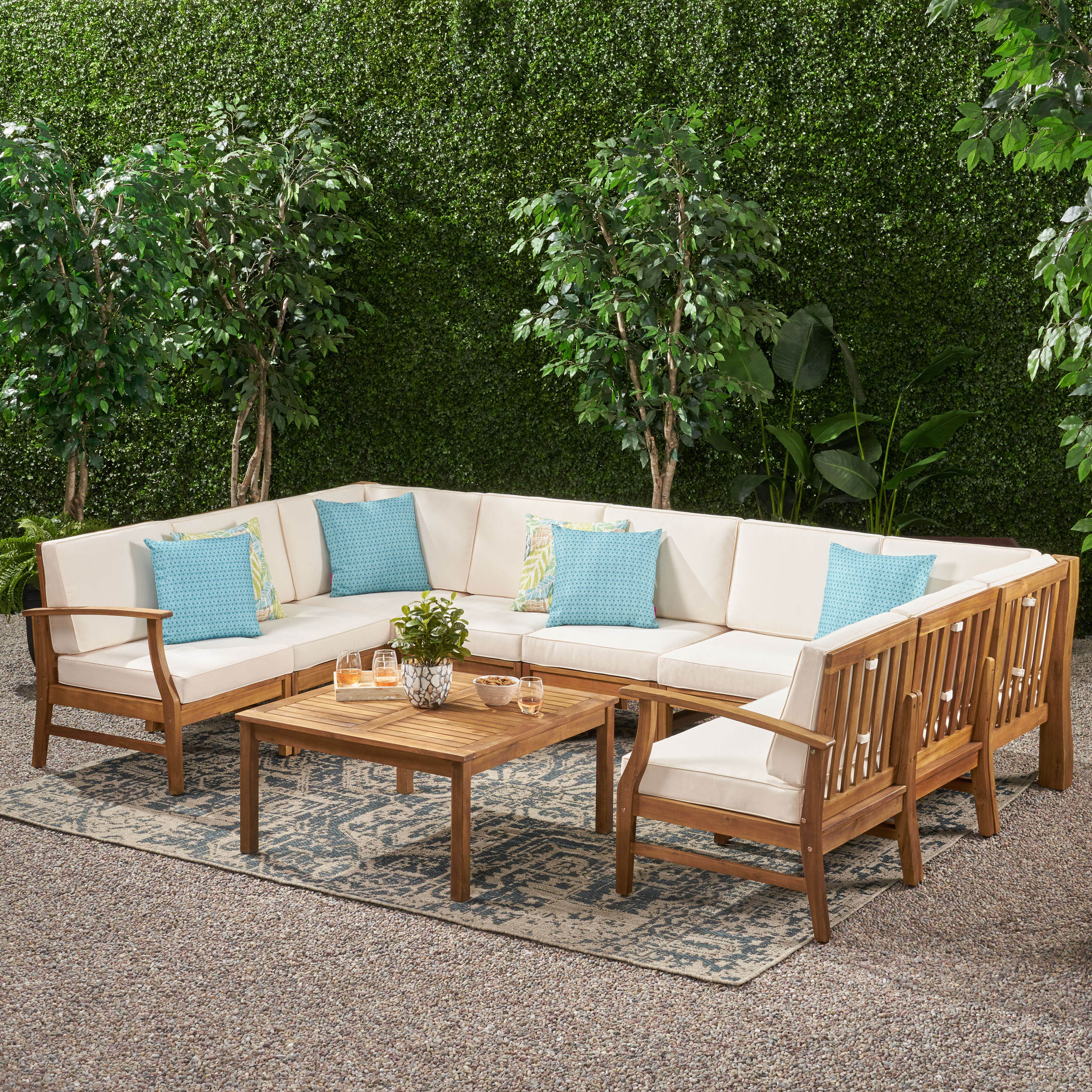 Judith Outdoor 9 Seater Acacia Wood Sectional Sofa Set with Cushions - furnishings
