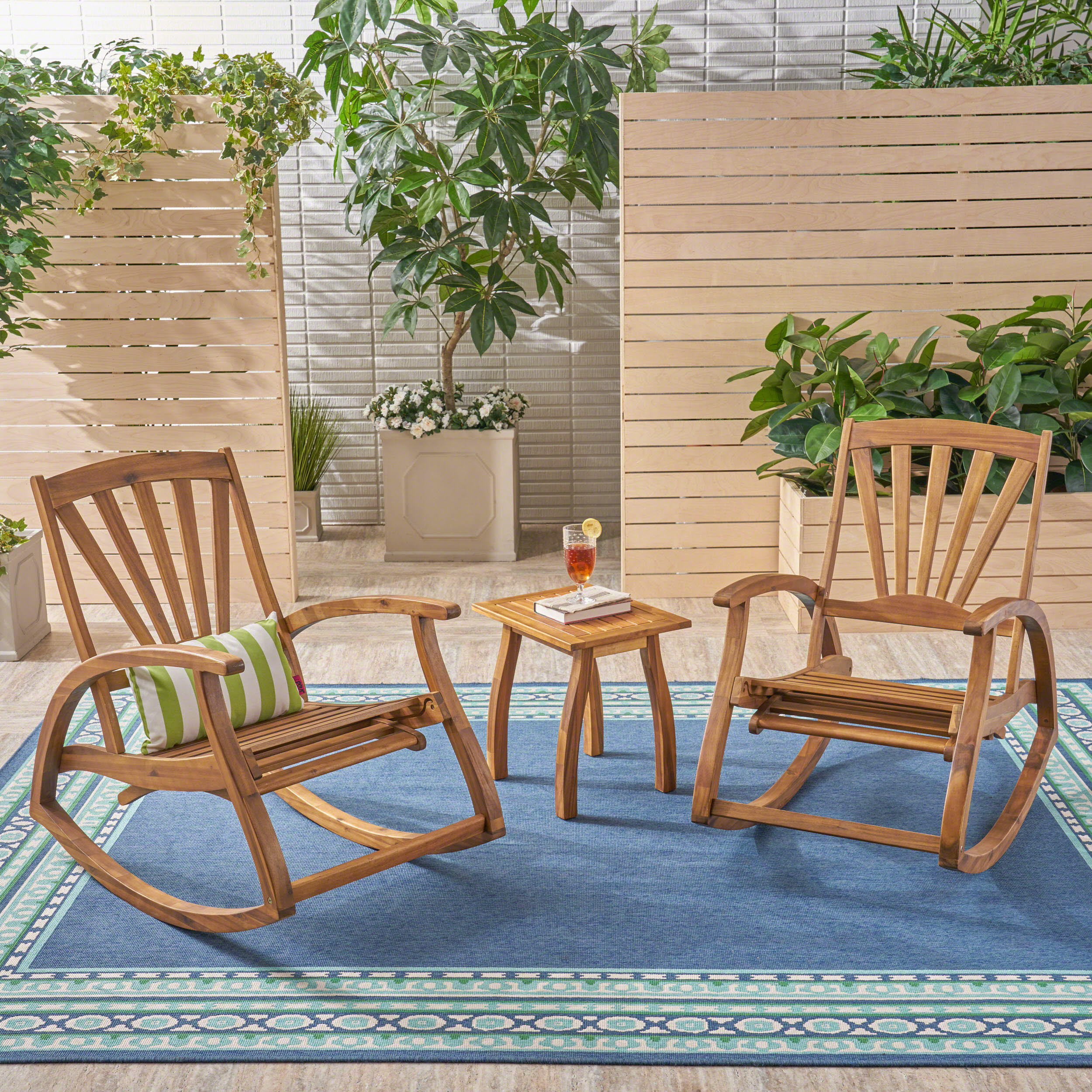 Kelsey Outdoor Rustic Acacia Wood Recliner Rocking Chair with Side Table - furnishings