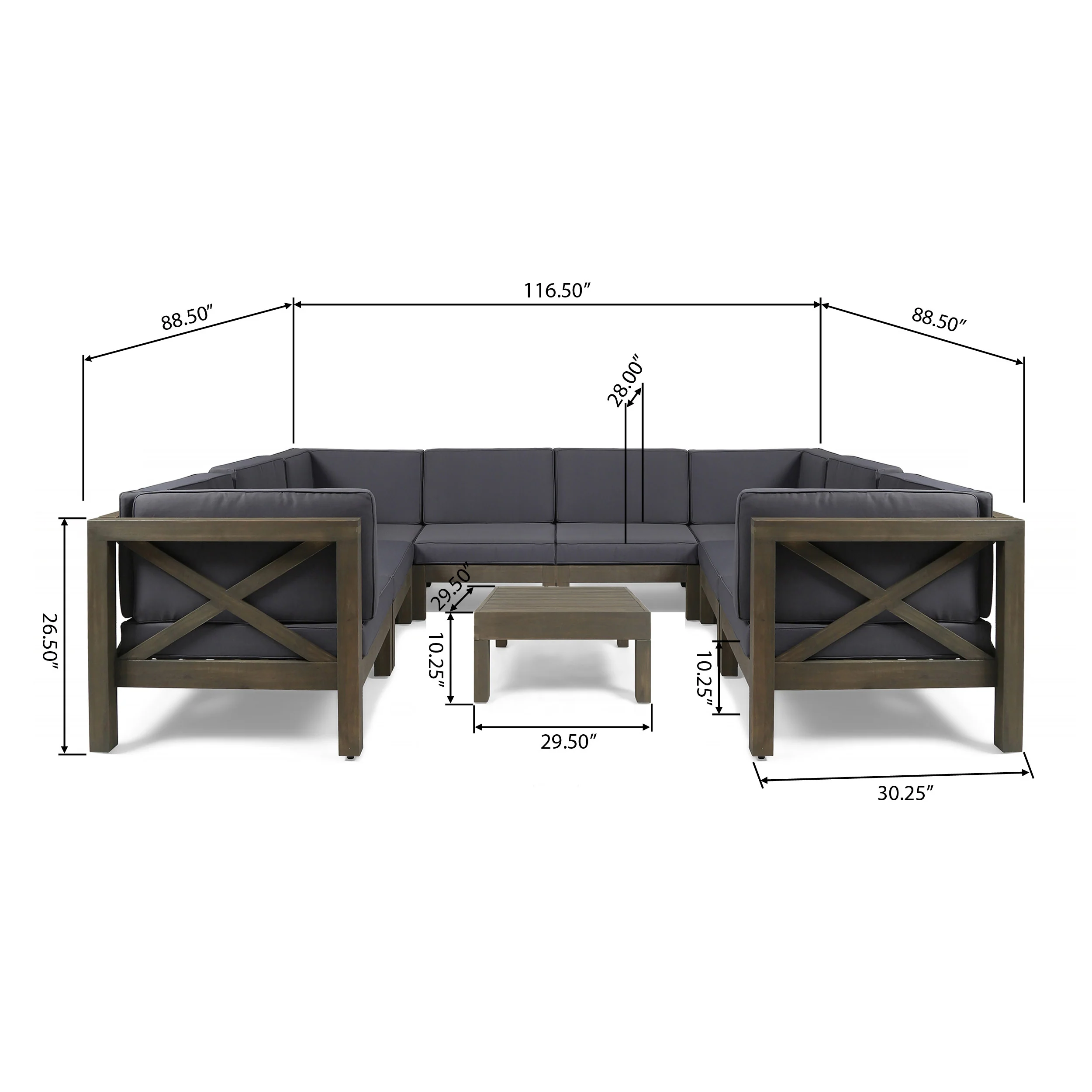 Keith Outdoor Acacia Wood 8 Seater U-Shaped Sectional Sofa Set with Coffee Table - furnishings