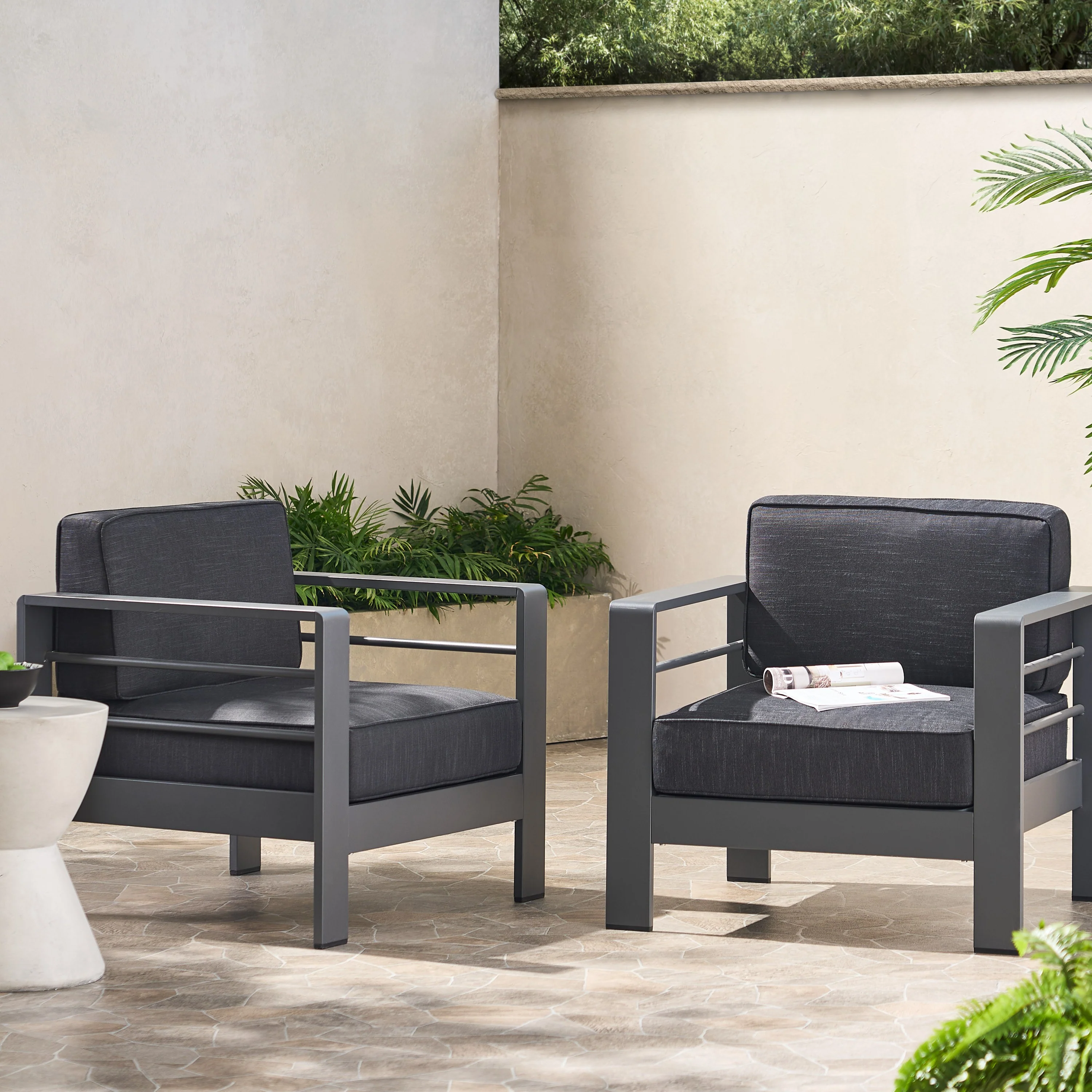 Crested Bay Outdoor Gray Aluminum Club Chairs with Water Resistant Cushions - furnishings
