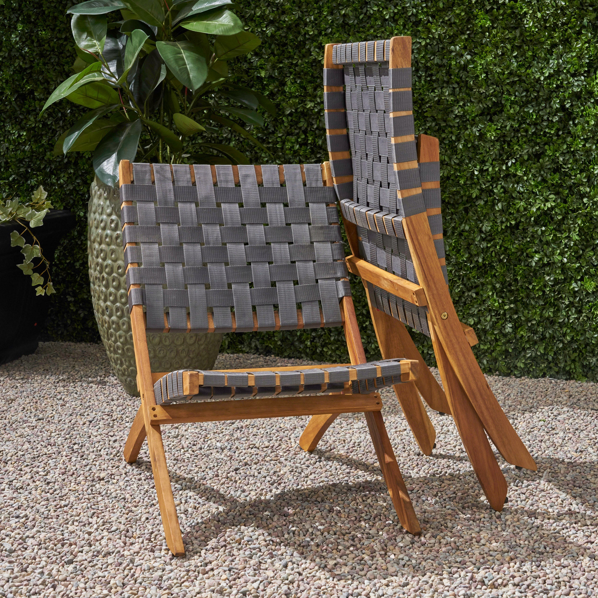 Riley Outdoor Acacia Wood Foldable Chairs (Set of 2), Brown Patina and Gray Straps - furnishings