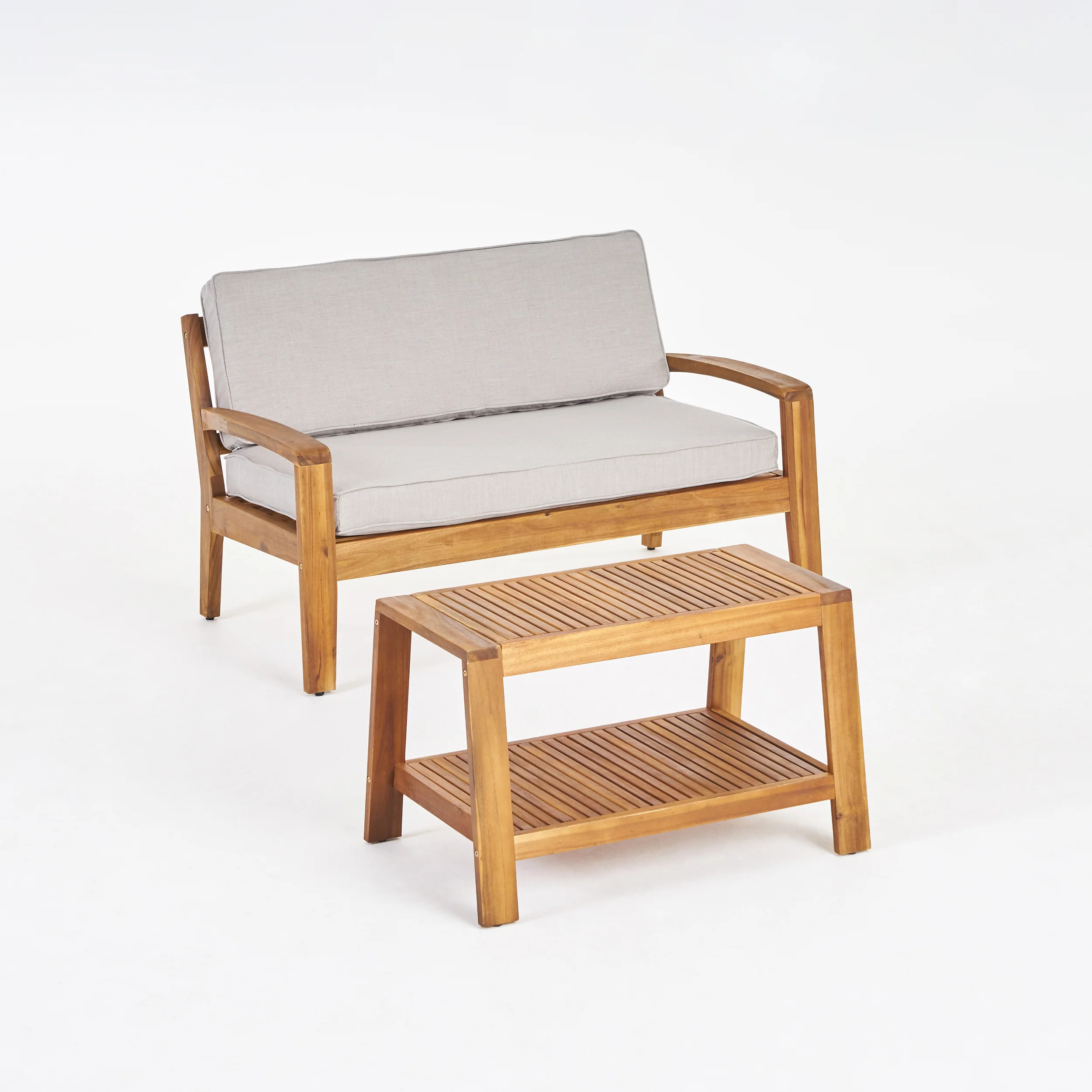 Parma Outdoor Acacia Wood Loveseat and Coffee Table Set with Sunbrella Cushions - furnishings
