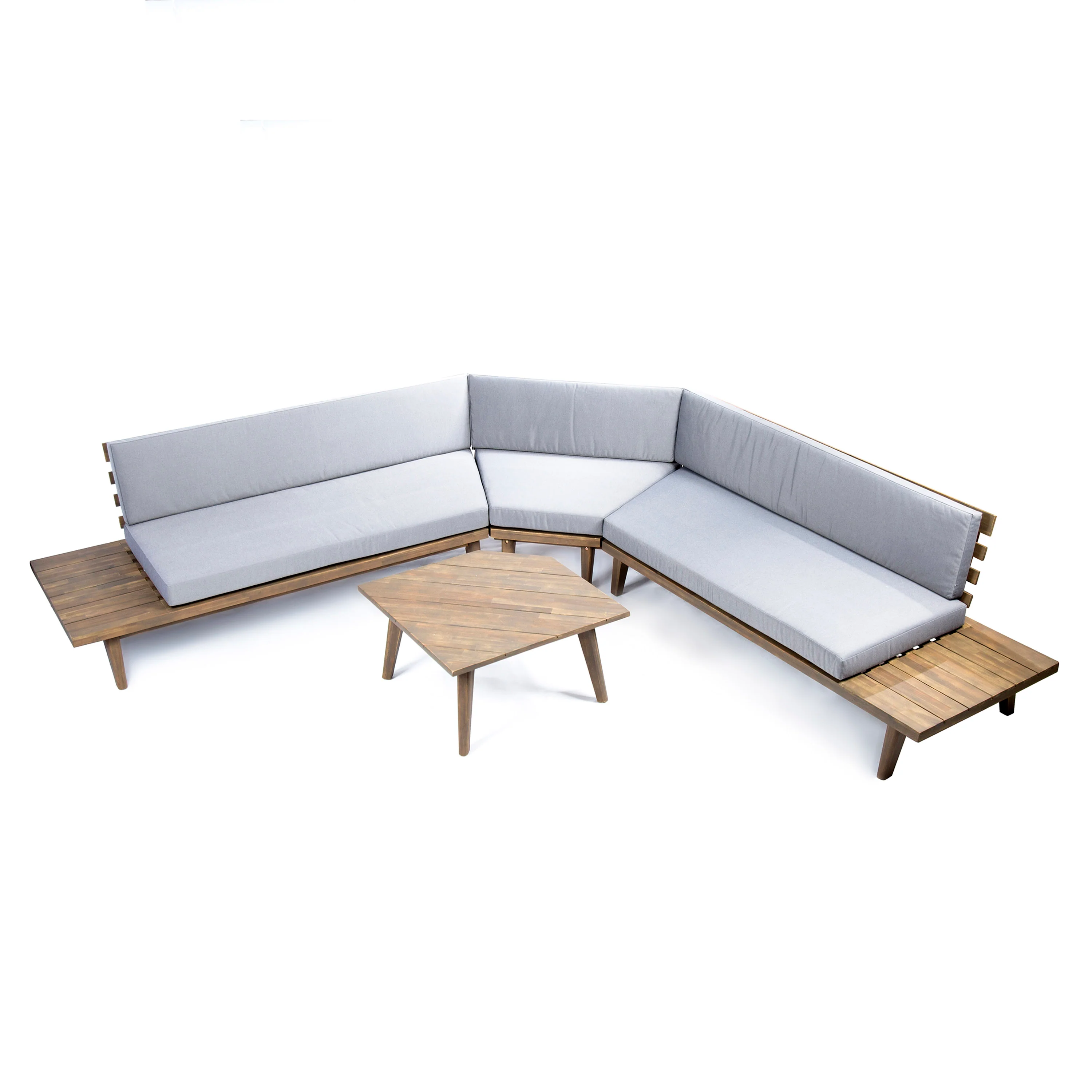 Hillside Mid Century Modern Outdoor Wood Platform Sectional With Built In End Tables & Coffee Table - furnishings