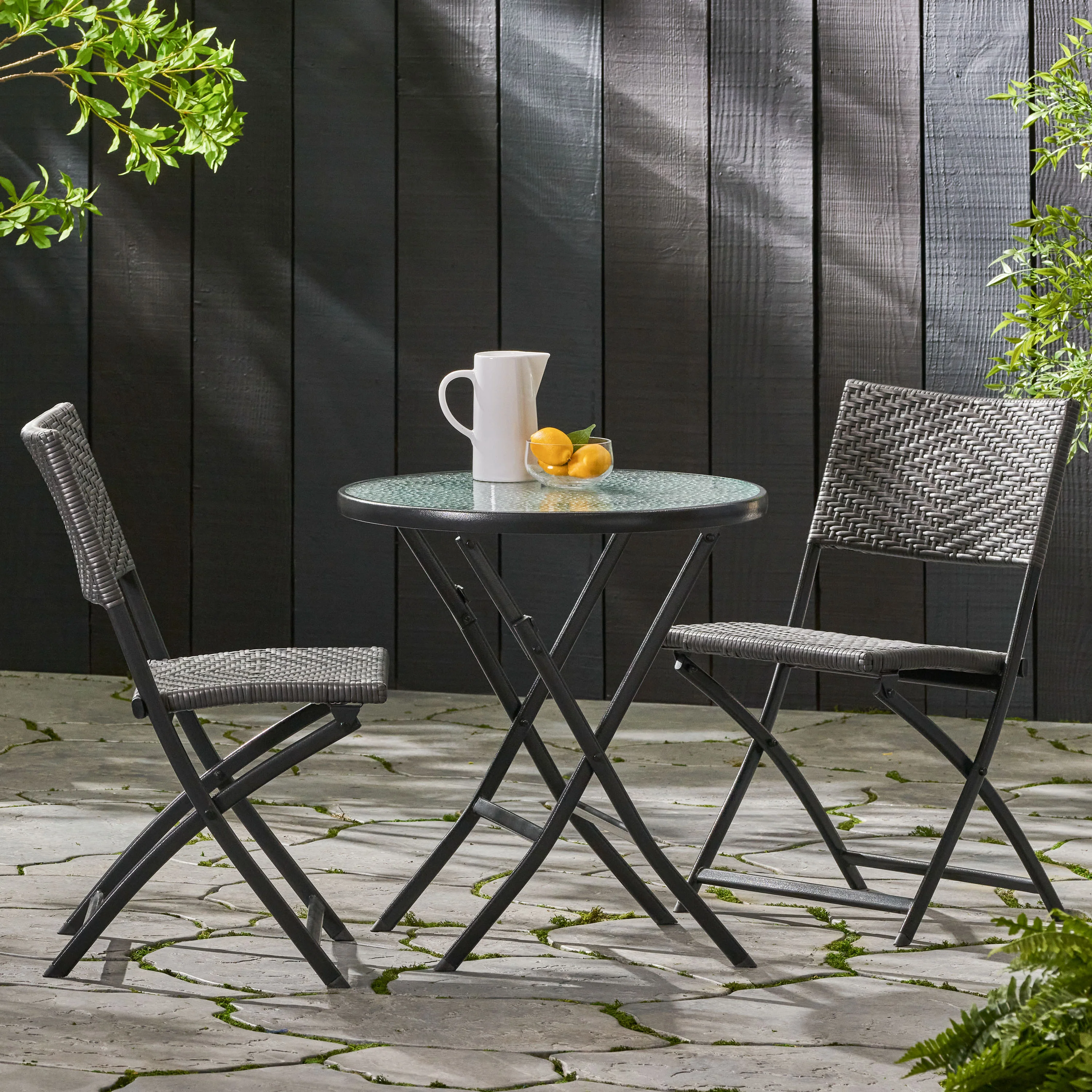 Moreton Outdoor 3-Piece Gray Wicker Folding Bistro Set With Aquatex Glass Top - furnishings