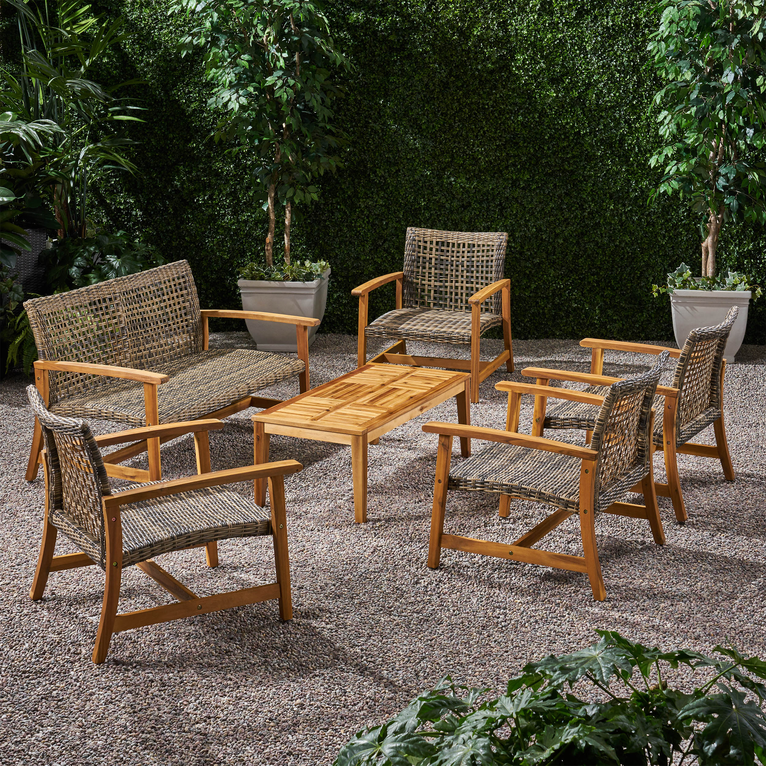 Levant Outdoor 5 Piece Wood and Wicker Loveseat Chat Set - furnishings