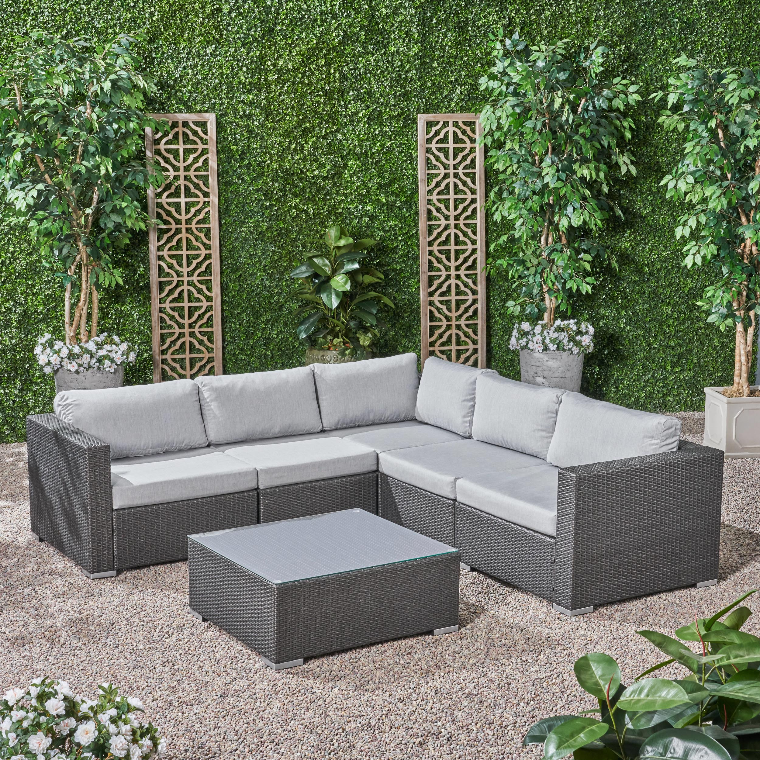 Kyra Outdoor 5 Seater Wicker Sectional Sofa Set with Sunbrella Cushions - furnishings