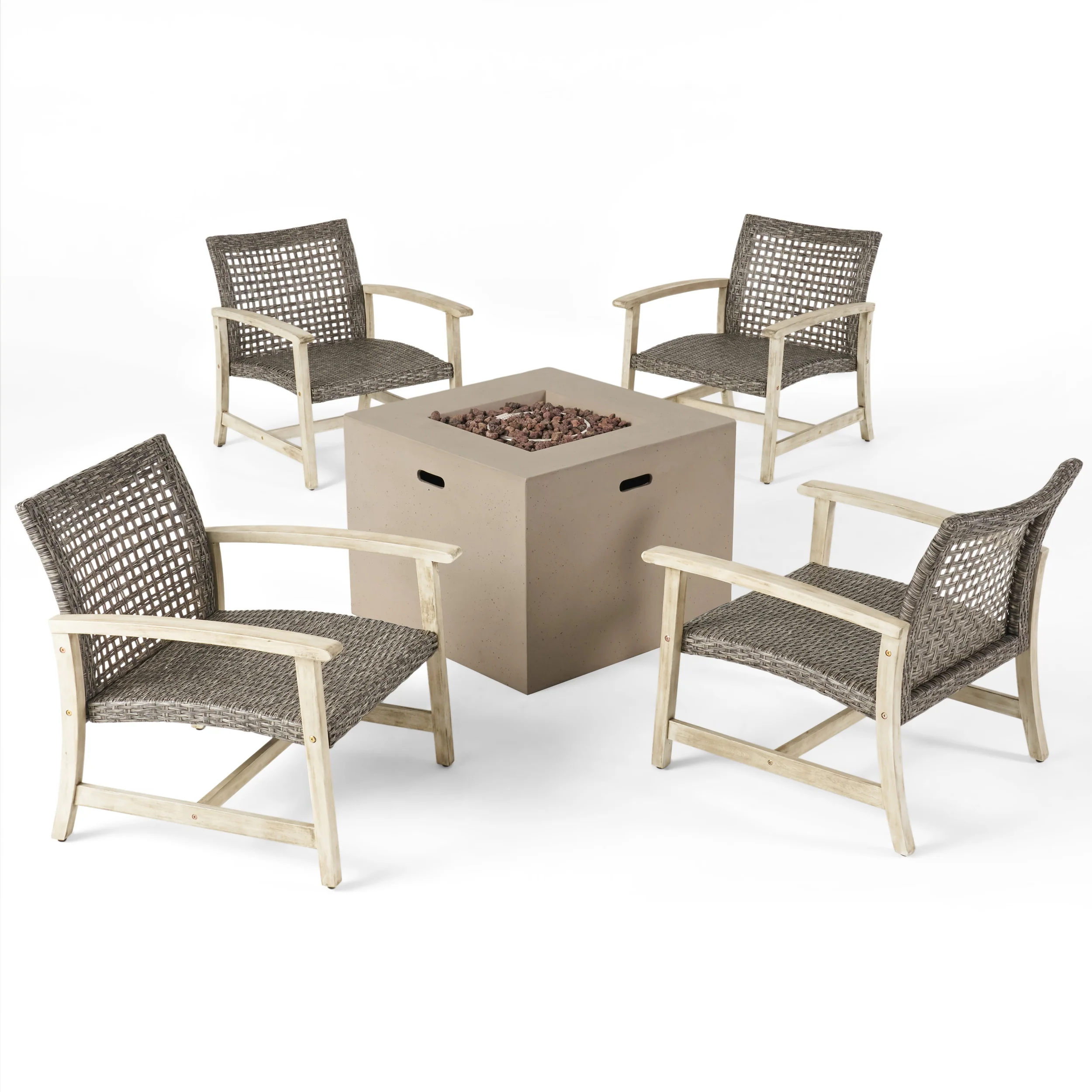 Carry Outdoor 5 Piece Wood and Wicker Club Chairs and Fire Pit Set - furnishings
