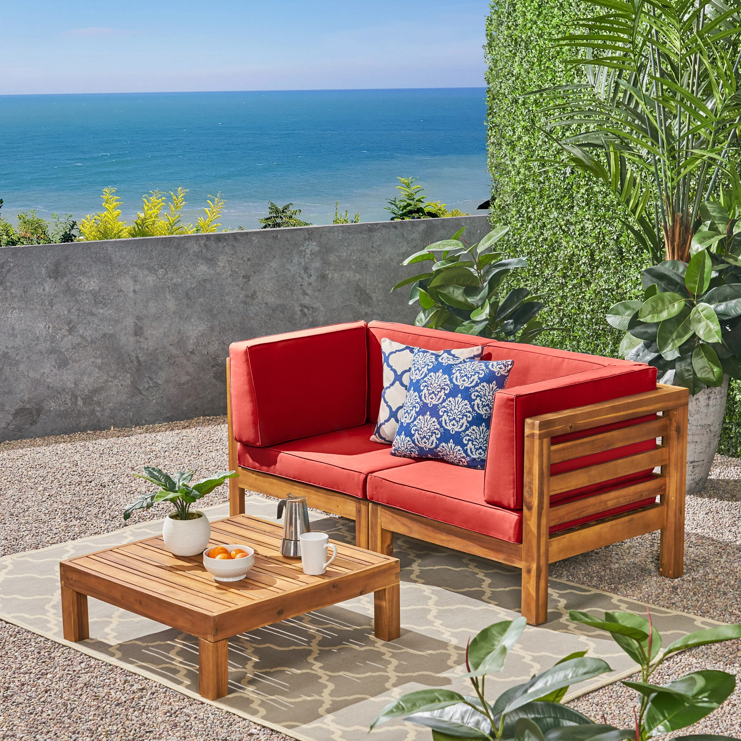 Dawson Outdoor Sectional Love Seat Set with Coffee Table - 3-Piece 2-Seater - Acacia Wood - Outdoor Cushions - furnishings