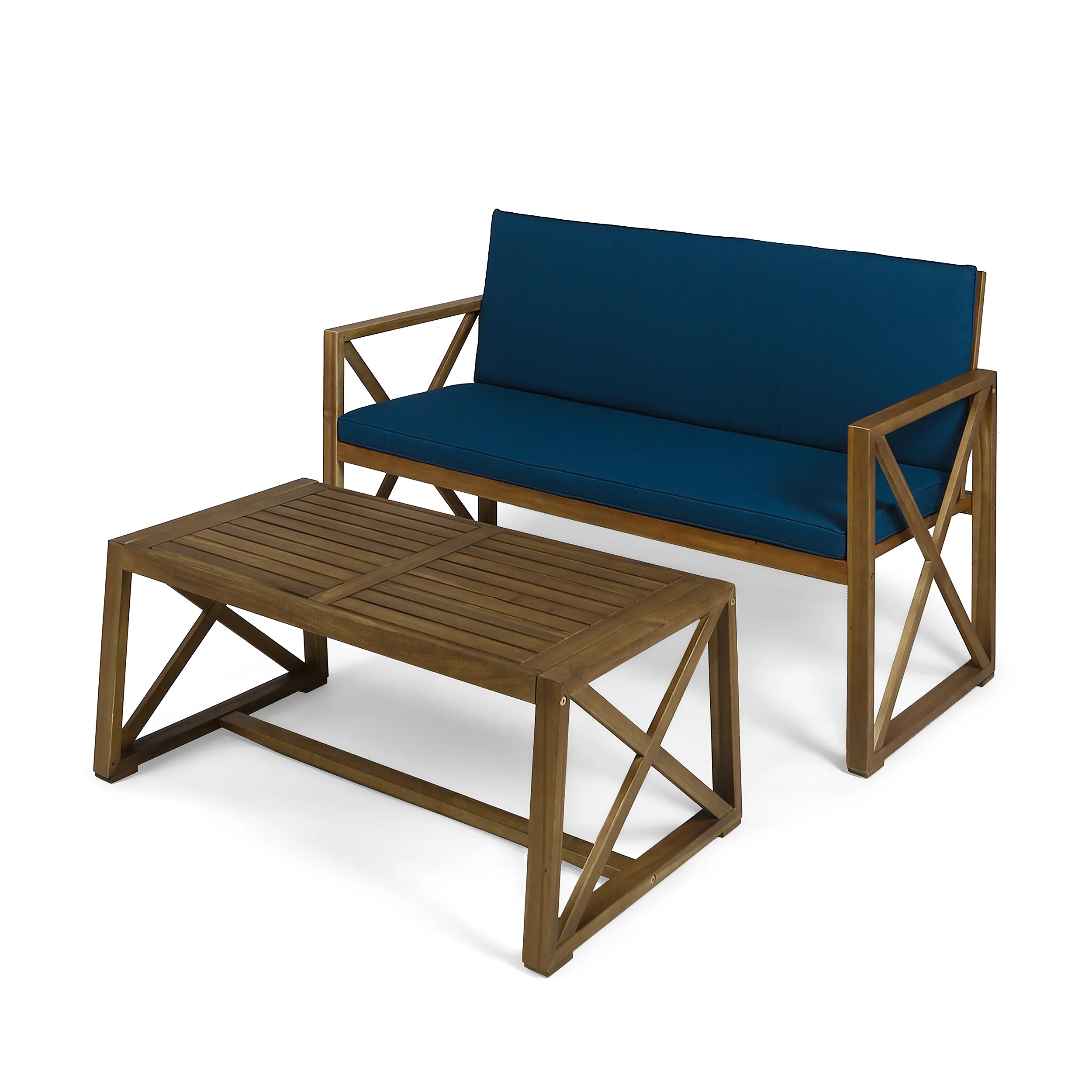 Hazel Outdoor Acacia Wood Loveseat with Coffee Table Set with Cushions - furnishings