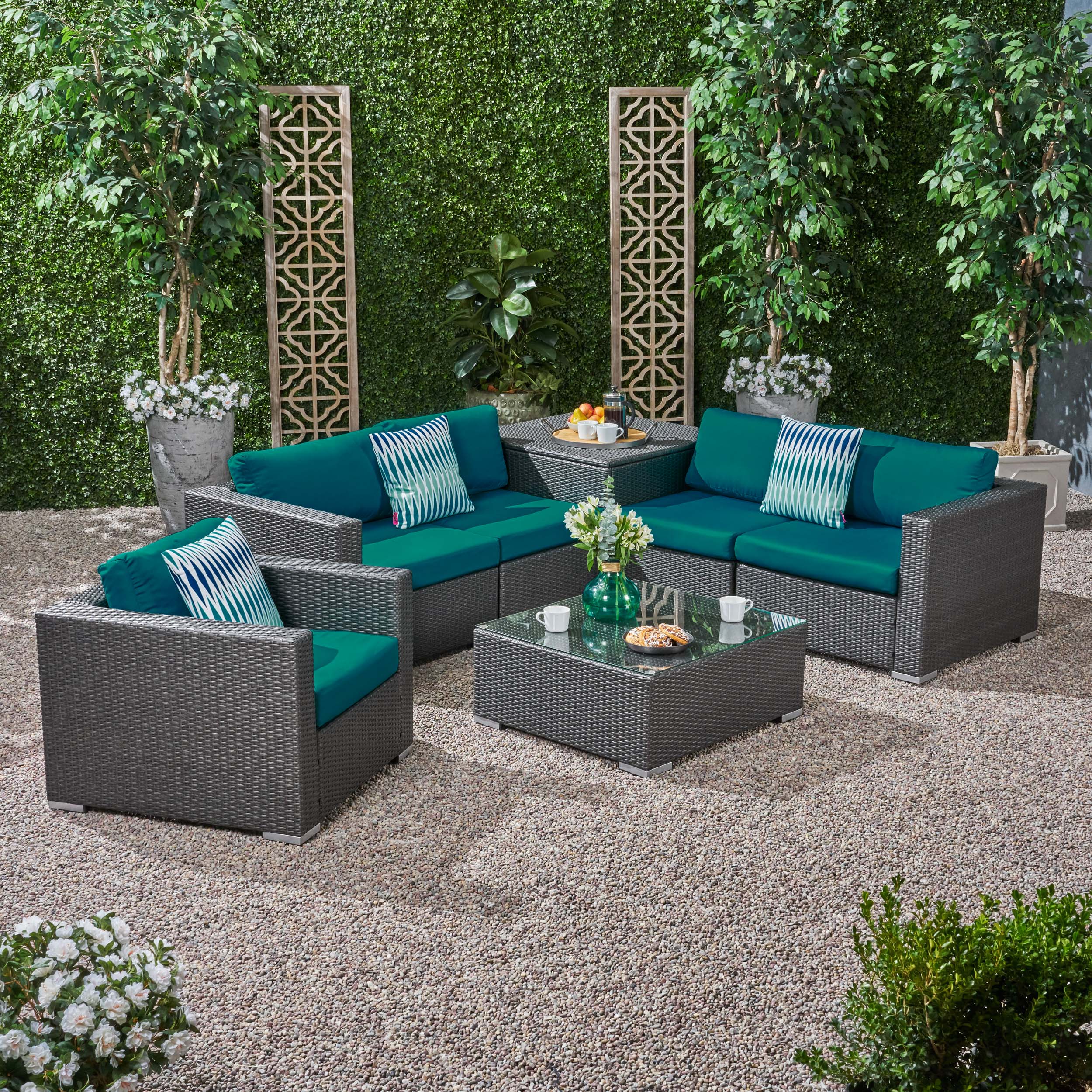 Kyra Outdoor 5 Seater Wicker Sectional Sofa Set with Storage Ottoman and Sunbrella Cushions - furnishings