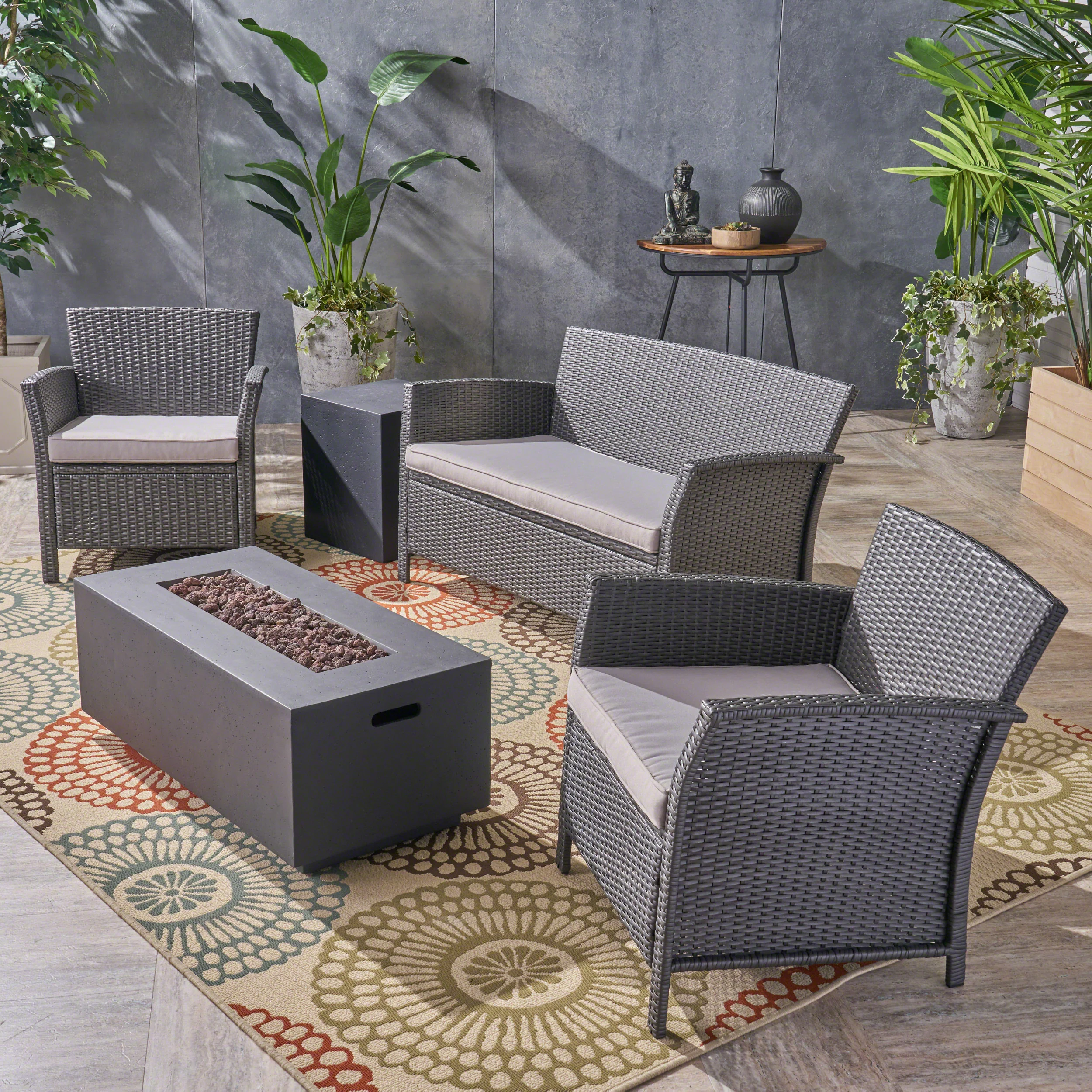 Laiah Outdoor 4 Seater Wicker Chat Set with Fire Pit - furnishings