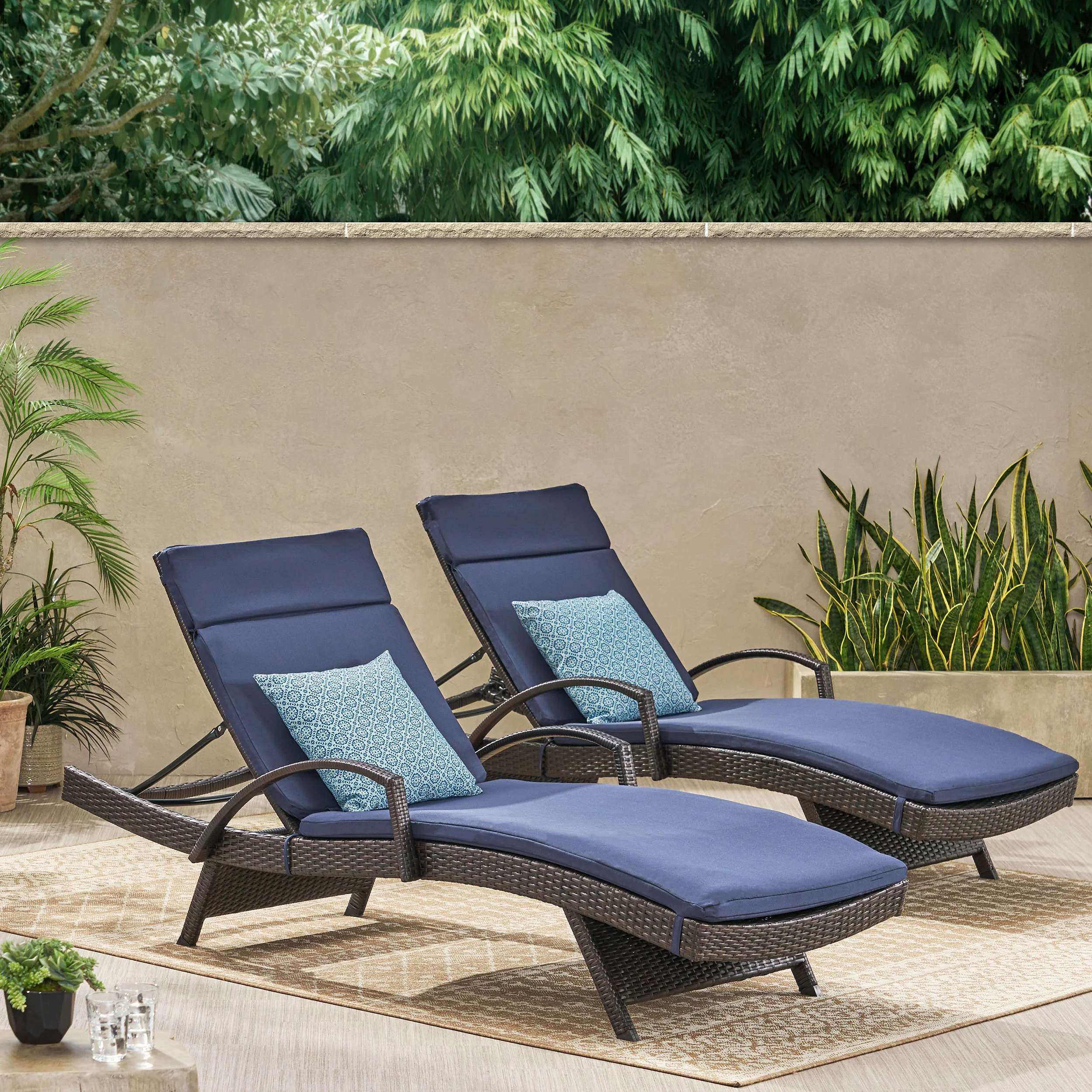 Lakeport Outdoor Wicker Armed Chaise Lounge Chairs w/ Cushions (set of 2) - furnishings