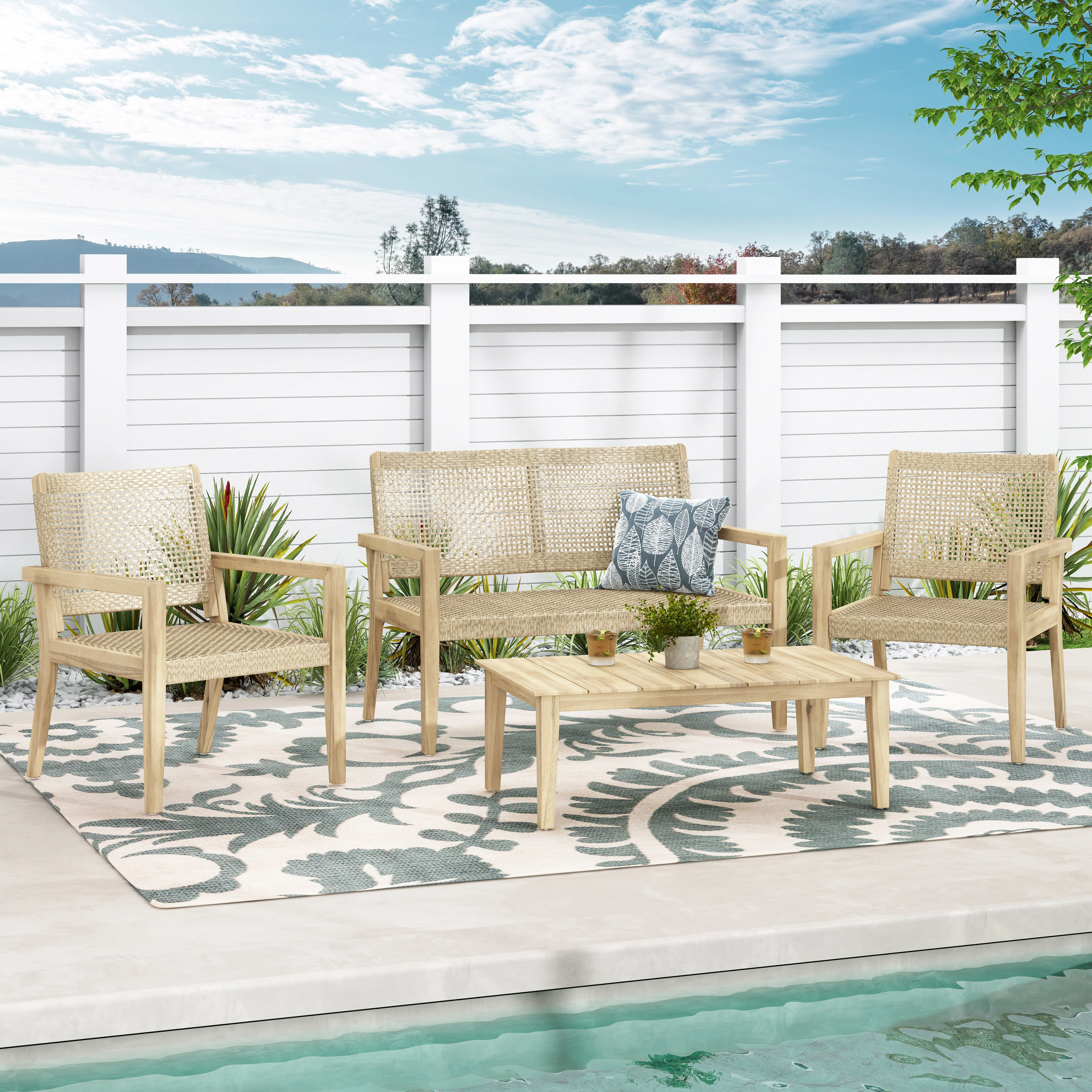 Elmcrest Outdoor Wicker and Acacia Wood 4 Seater Chat Set, Light Multibrown and Light Brown - furnishings
