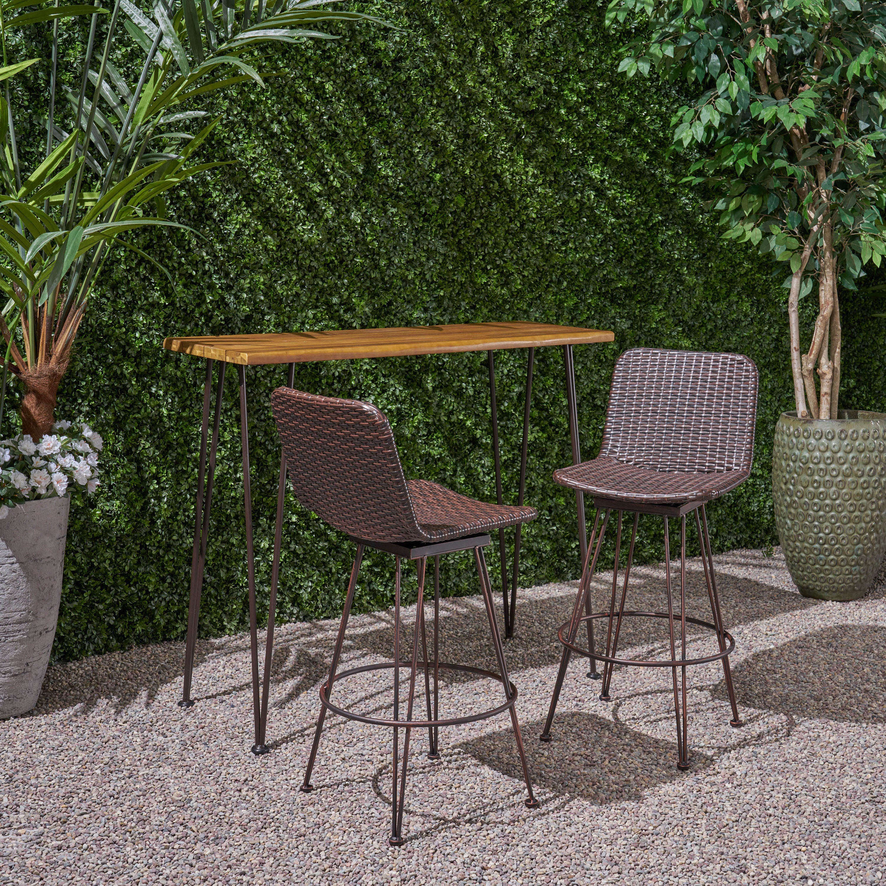 Avy Outdoor Modern Industrial 3 Piece Acacia Wood Bar Set - furnishings