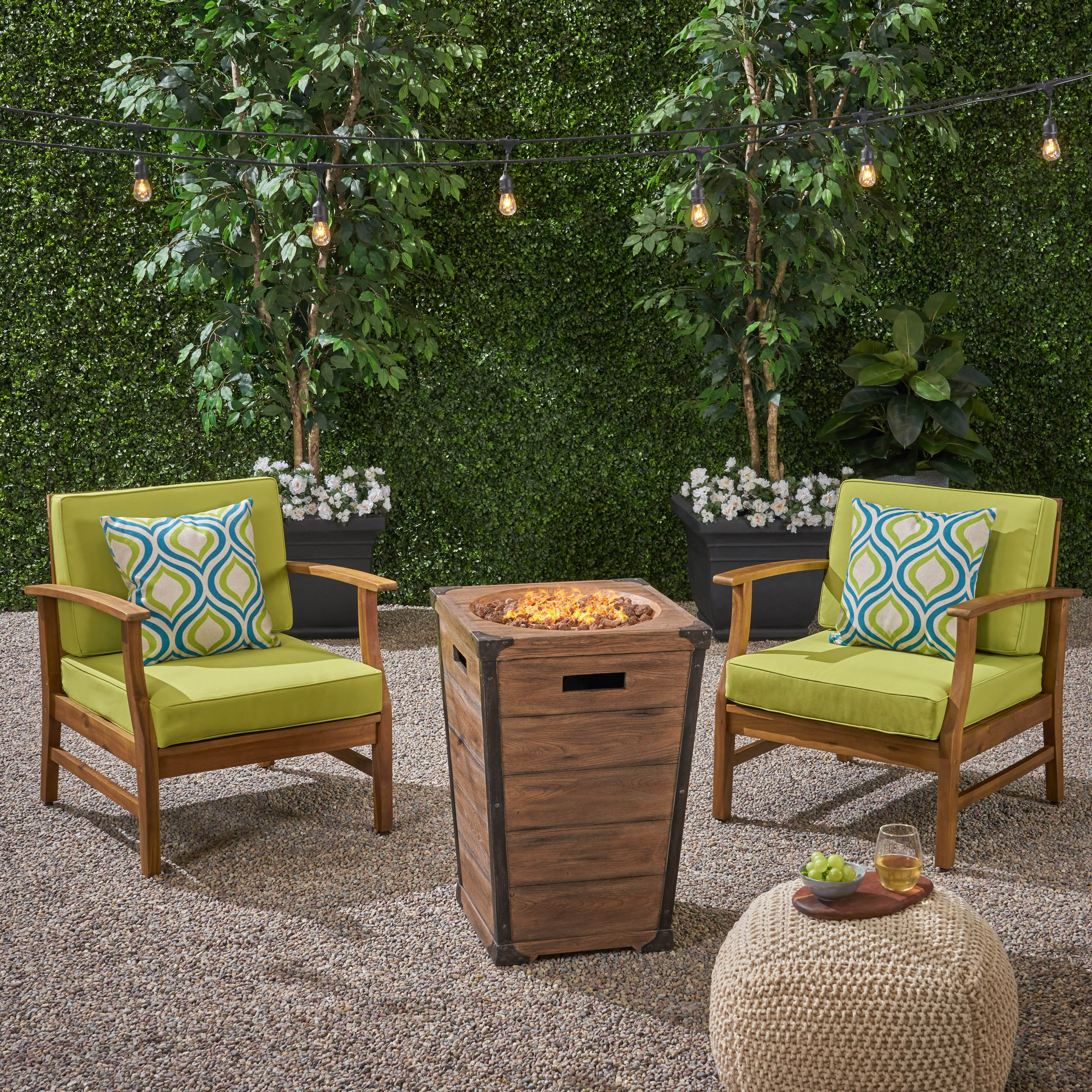 Capri Outdoor 2 Piece Acacia Wood Club Chair Set with Cushions and Fire Column - furnishings