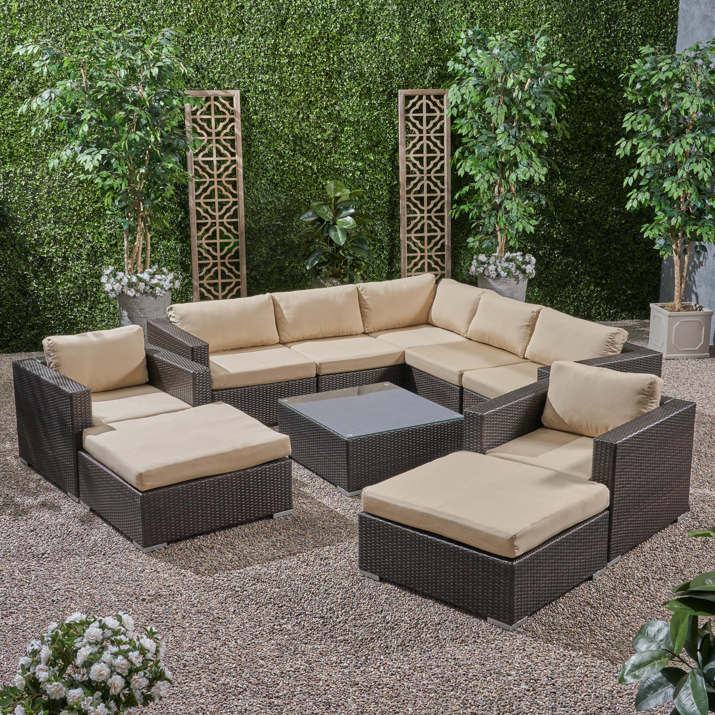 Kyra Outdoor 7 Seater Wicker Sectional Sofa Set with Sunbrella Cushions - furnishings