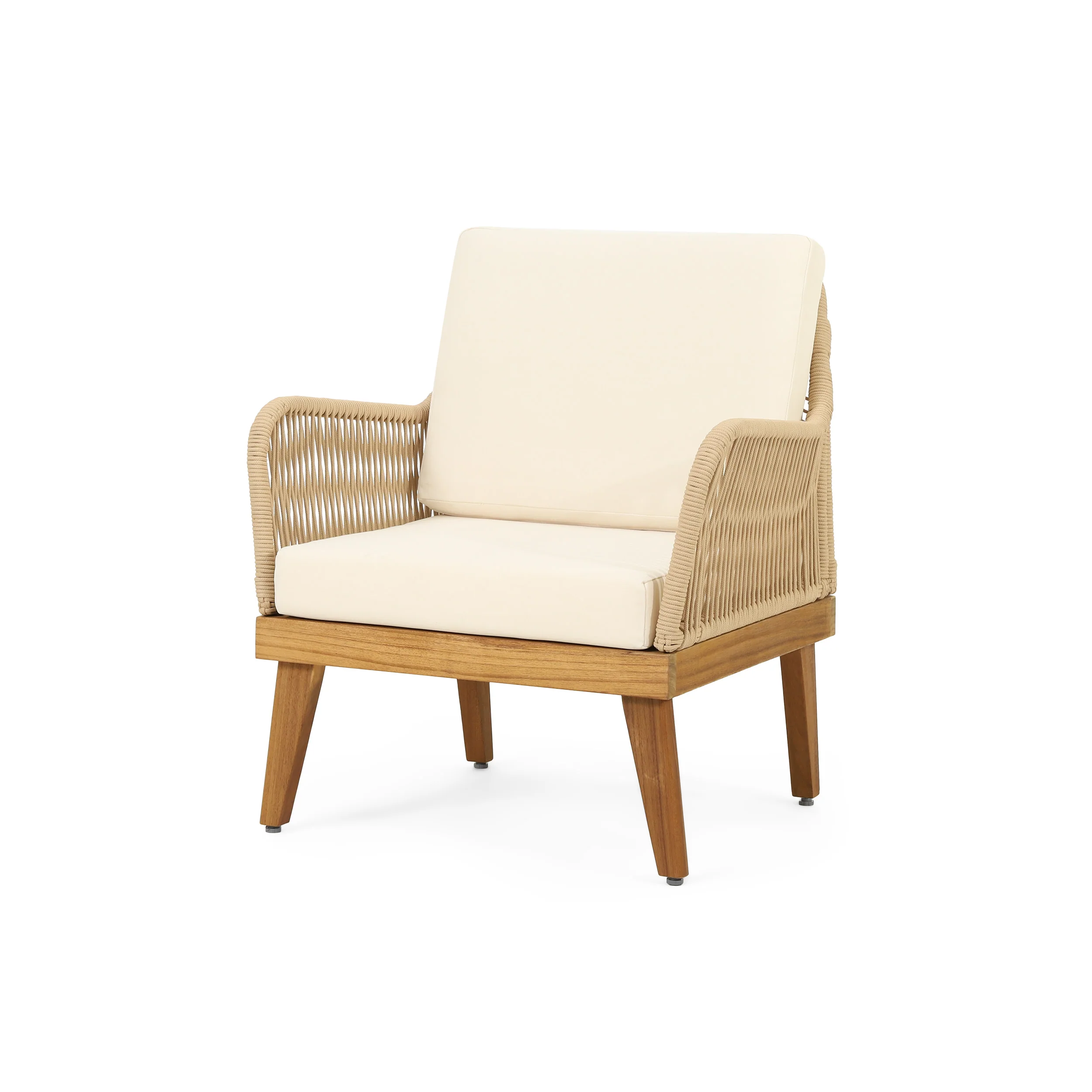 Hueber Outdoor Acacia Wood and Rope Club Chair with Cushions, Teak, Light Brown, and Beige - furnishings