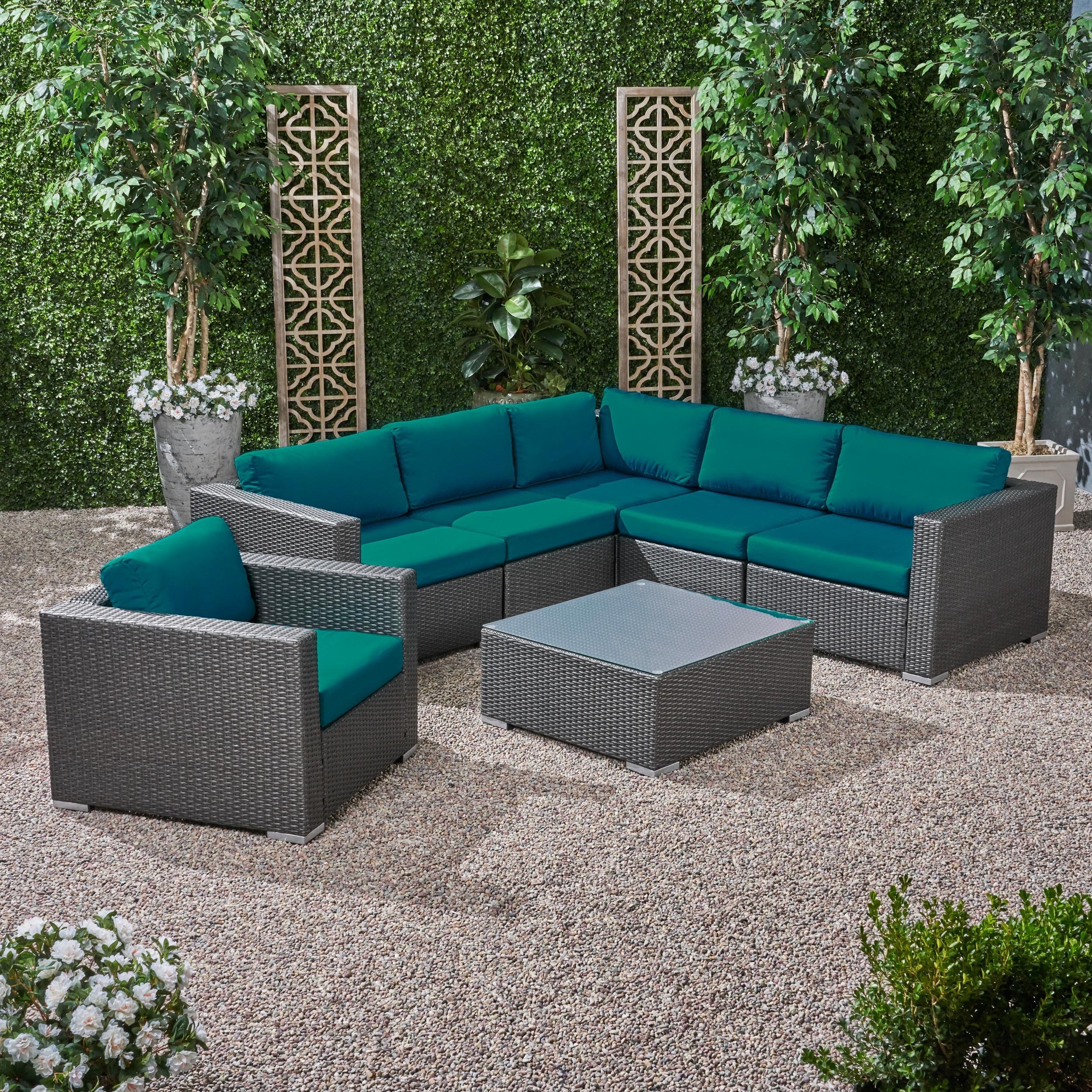 Kyra Outdoor 6 Seater Wicker Sectional Sofa Set with Sunbrella Cushions - furnishings