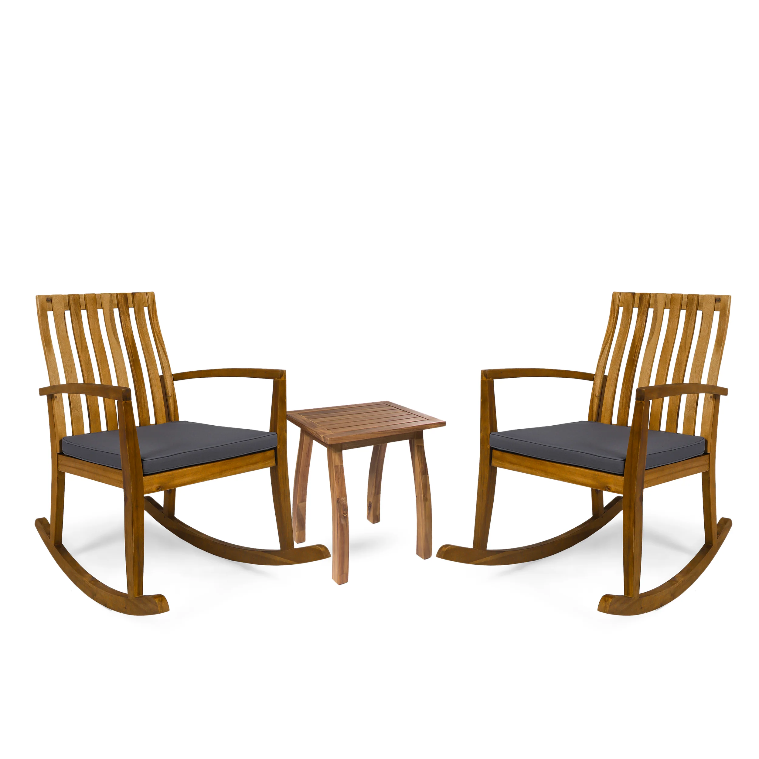 Zoe Outdoor 2 Seater Rocking Chair Set with Side Table, Teak and Dark Gray - furnishings