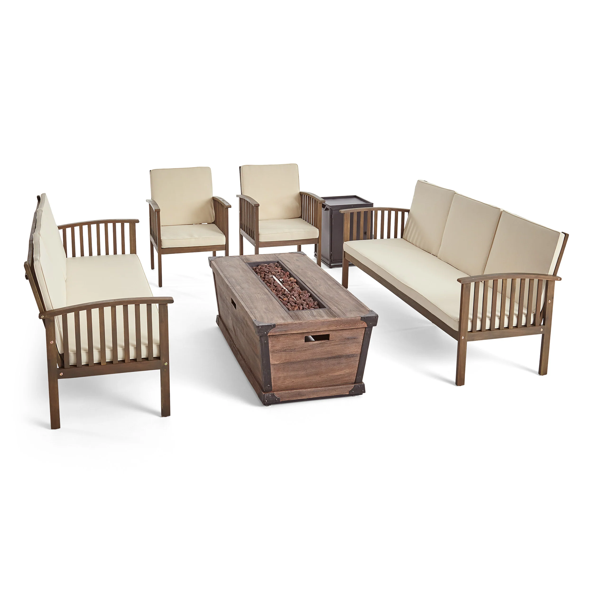 Beckley Outdoor 4 Piece Acacia Wood Conversational Sofa Set with Cushions and Fire Pit - furnishings