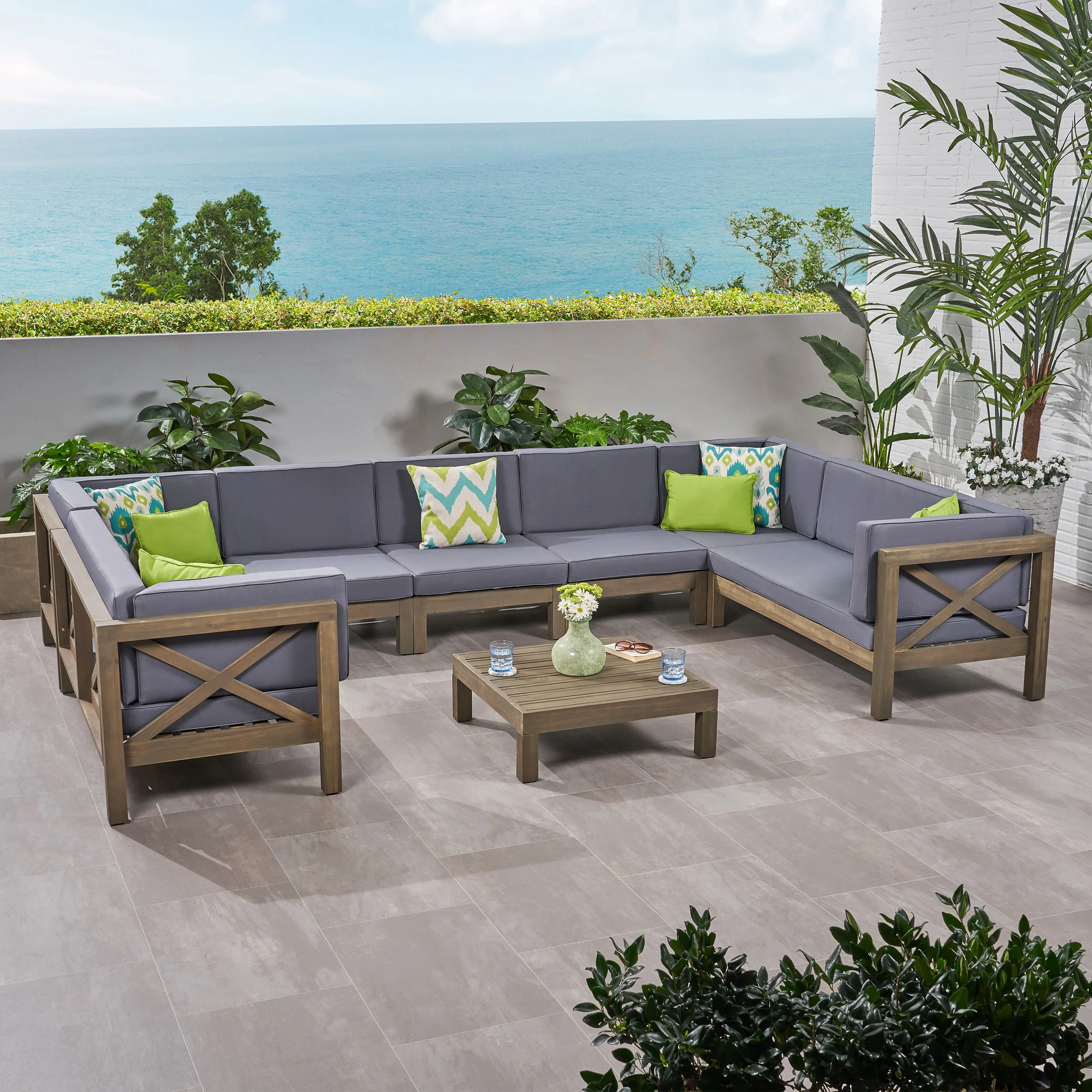 Isabella Outdoor 9 Seater Acacia Wood Sectional Sofa Set - furnishings