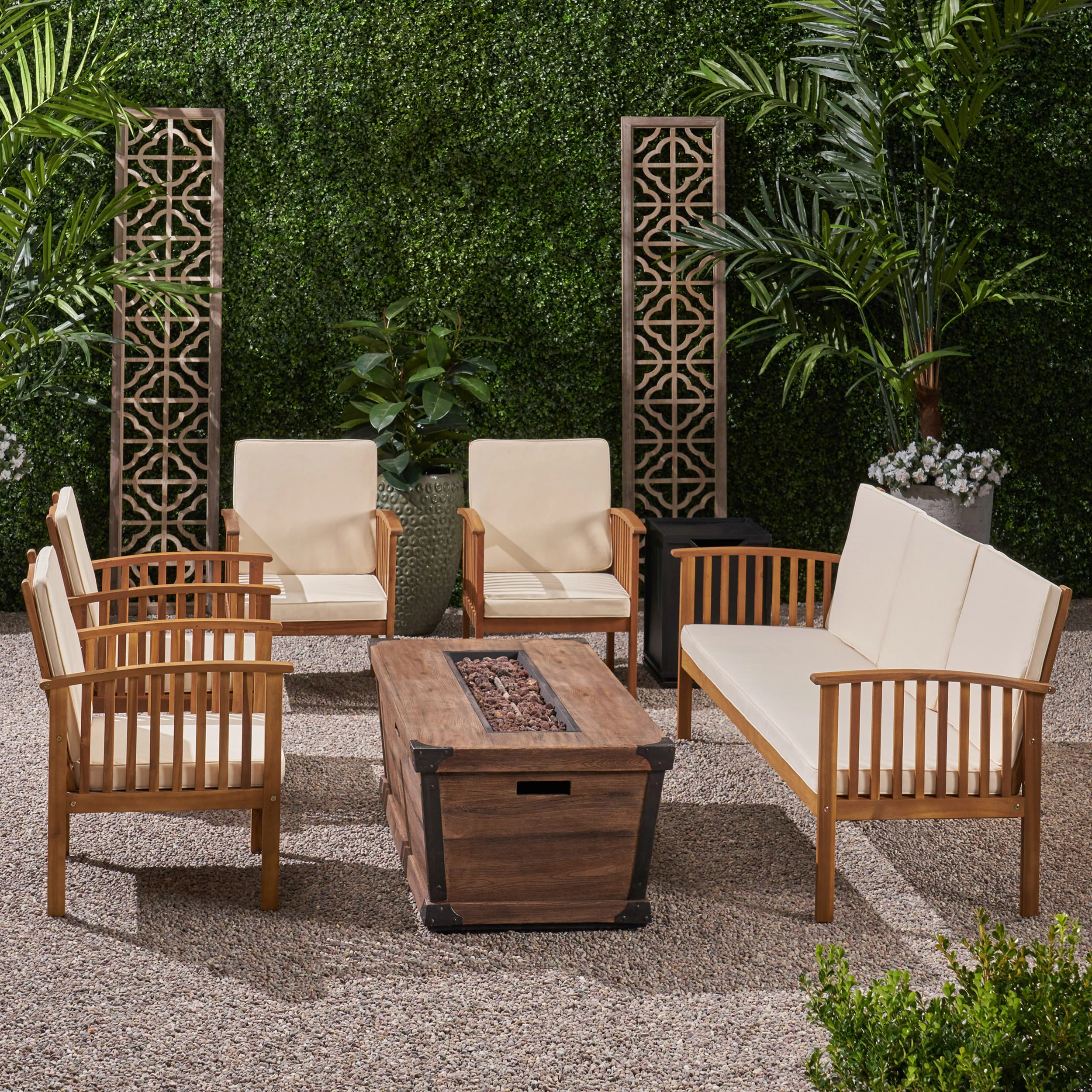Beckley Outdoor 5 Piece Acacia Wood Conversational Set with Cushions and Fire Pit - furnishings