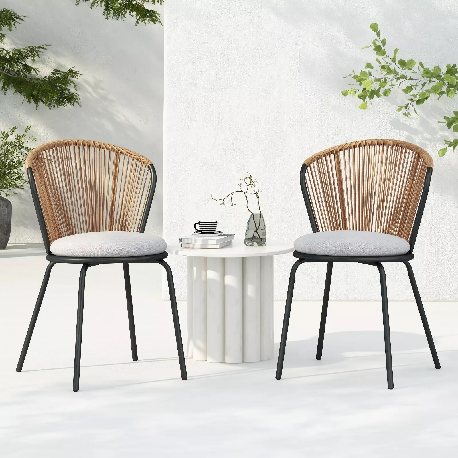 Sunny Indoor & Outdoor Rattan Dining Chair with Cushion Set of 2 - furnishings