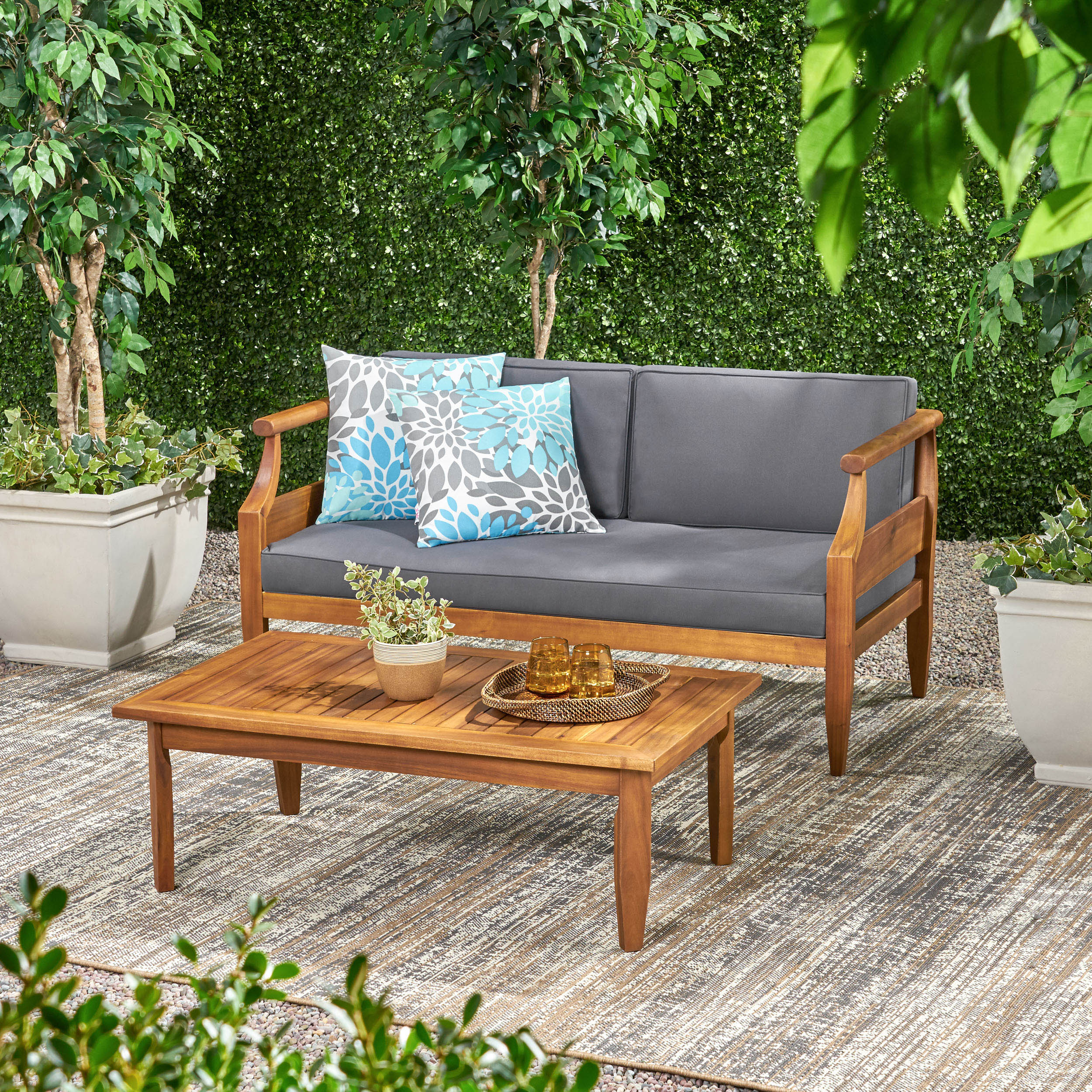 Bianca Outdoor Mid-Century Modern Acacia Wood Loveseat Set - furnishings