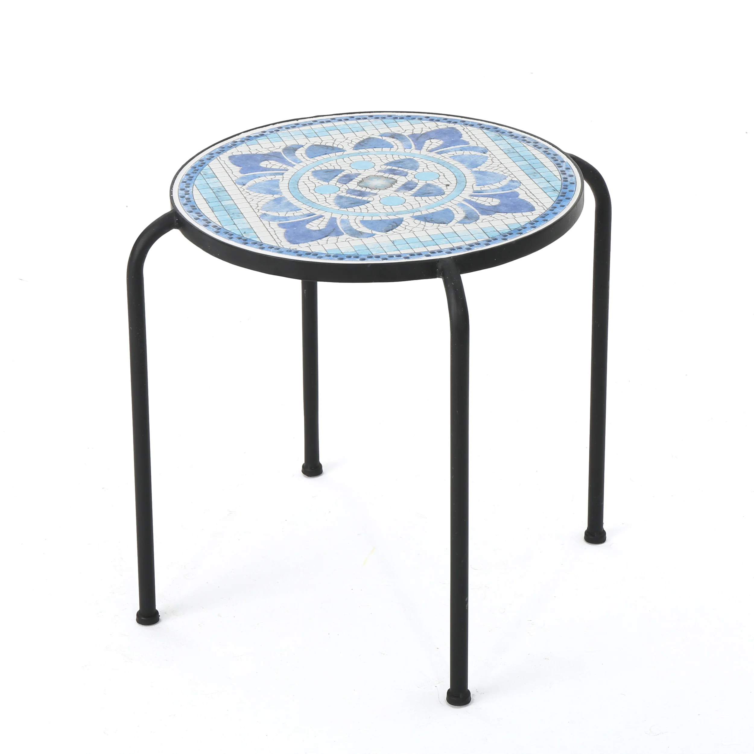 Sindarin Outdoor Blue & White Ceramic Tile Iron Frame Side Table - furnishings