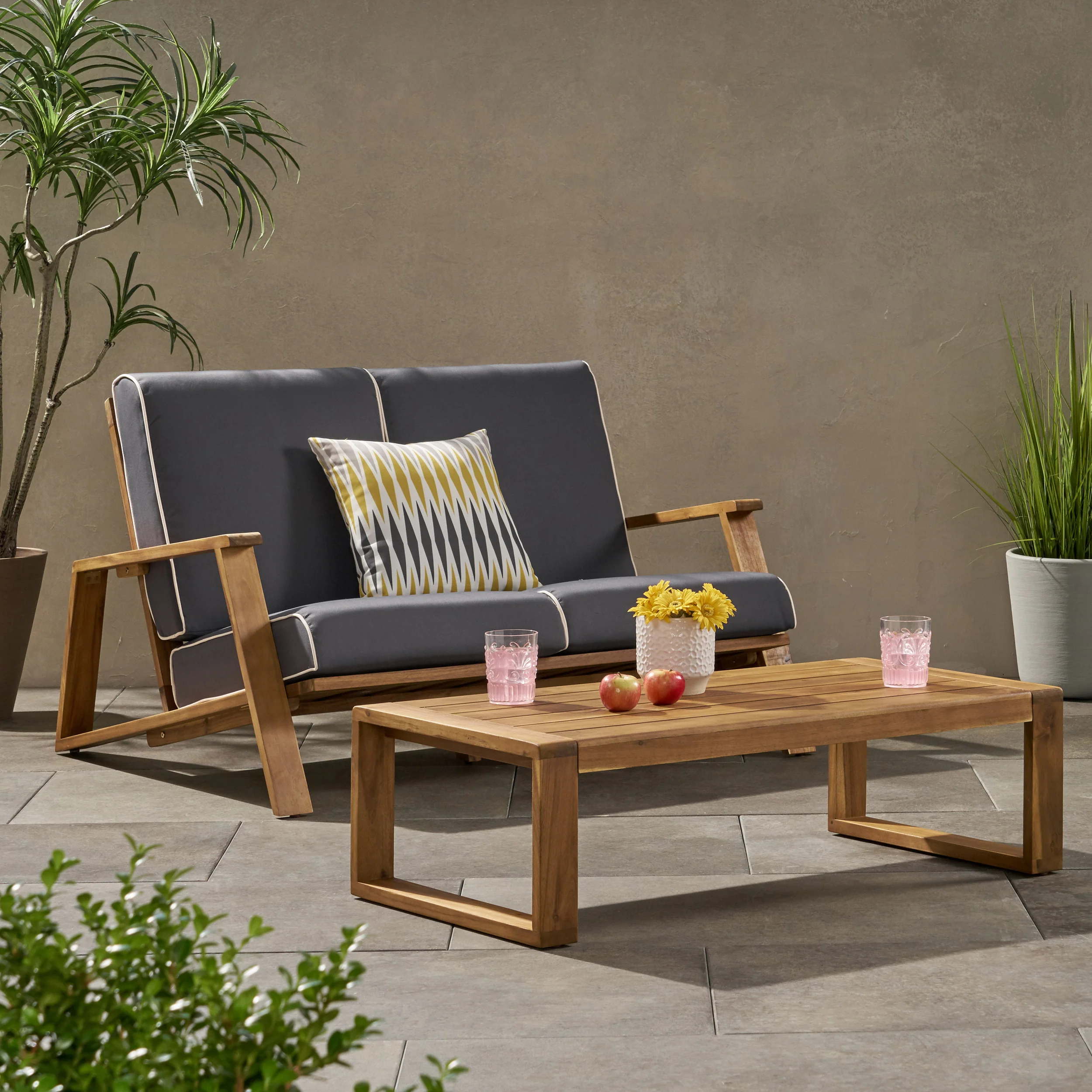 Youssef Outdoor Acacia Wood Loveseat Set with Coffee Table - furnishings
