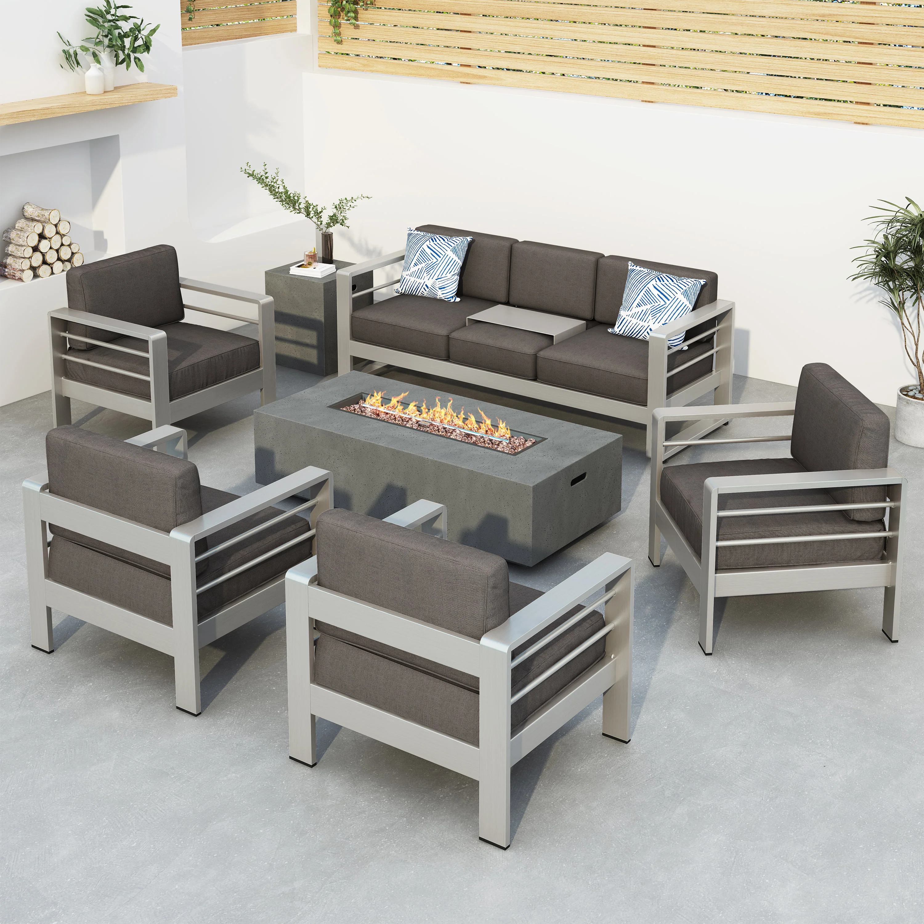 Coral Outdoor Aluminum 7 Seater Chat Set with Fire Pit - furnishings