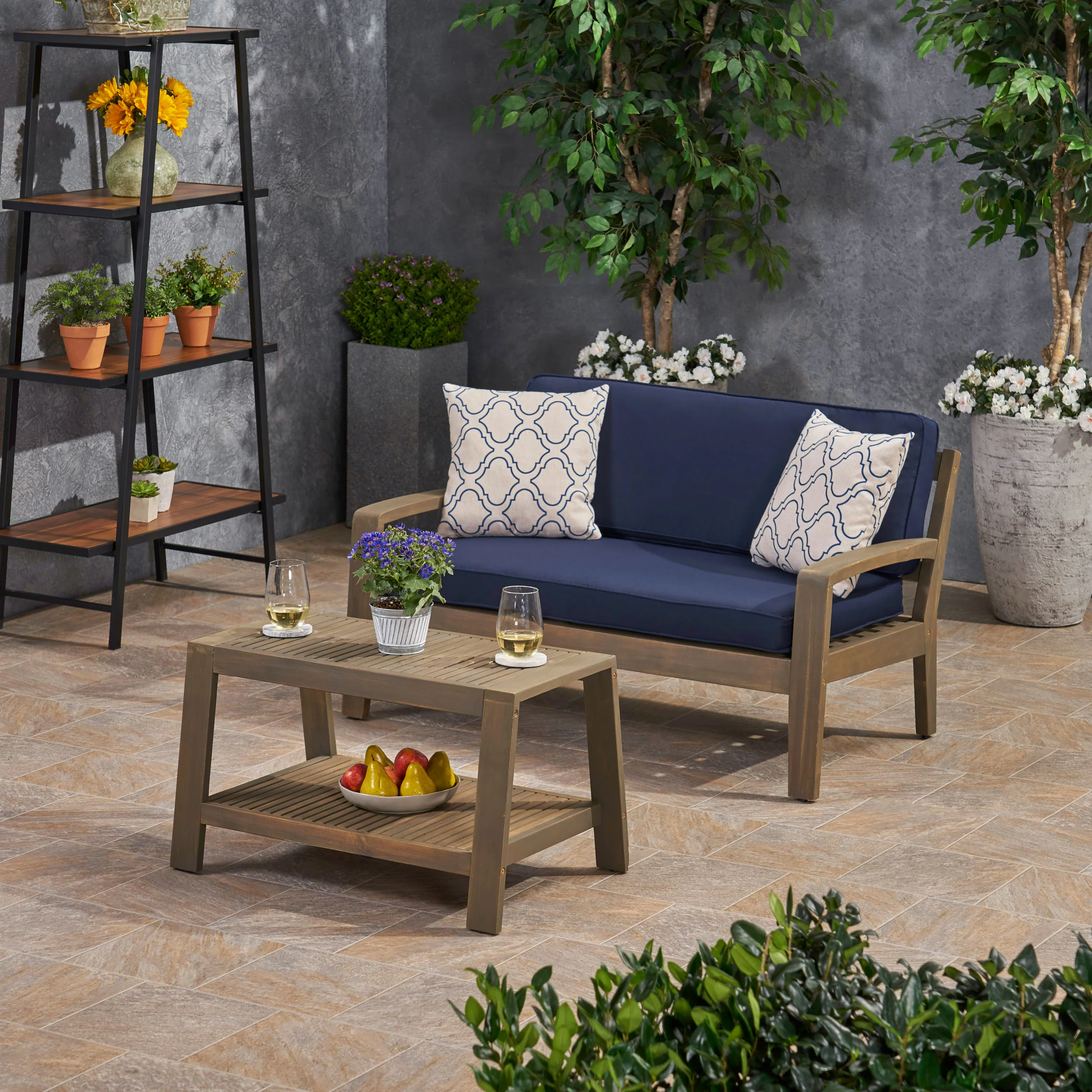 Parma Outdoor Acacia Wood Loveseat and Coffee Table Set with Sunbrella Cushions - furnishings