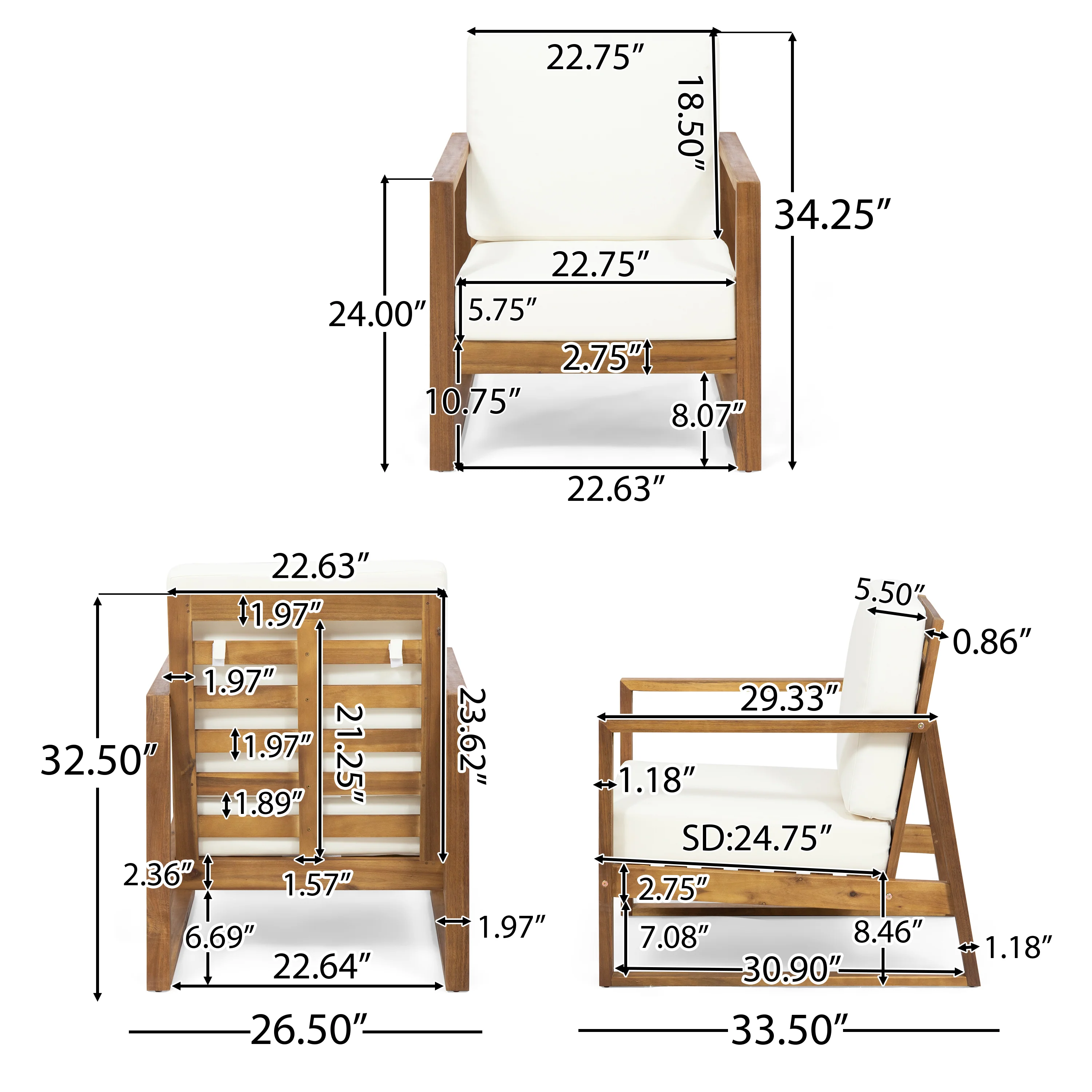 Silla Outdoor Acacia Wood Club Chair with Cushion - furnishings