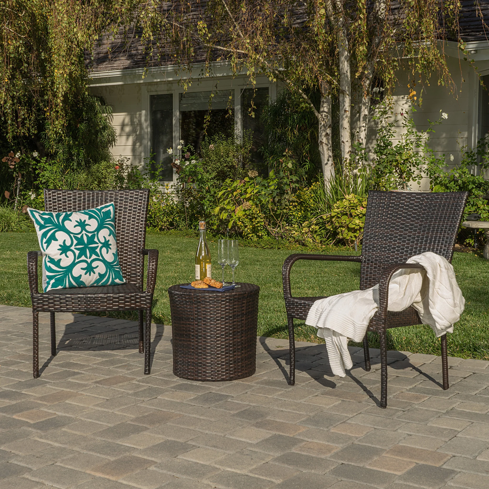 Vestavia Outdoors Brown Wicker 3 Piece Stacking Chair Chat Set - furnishings