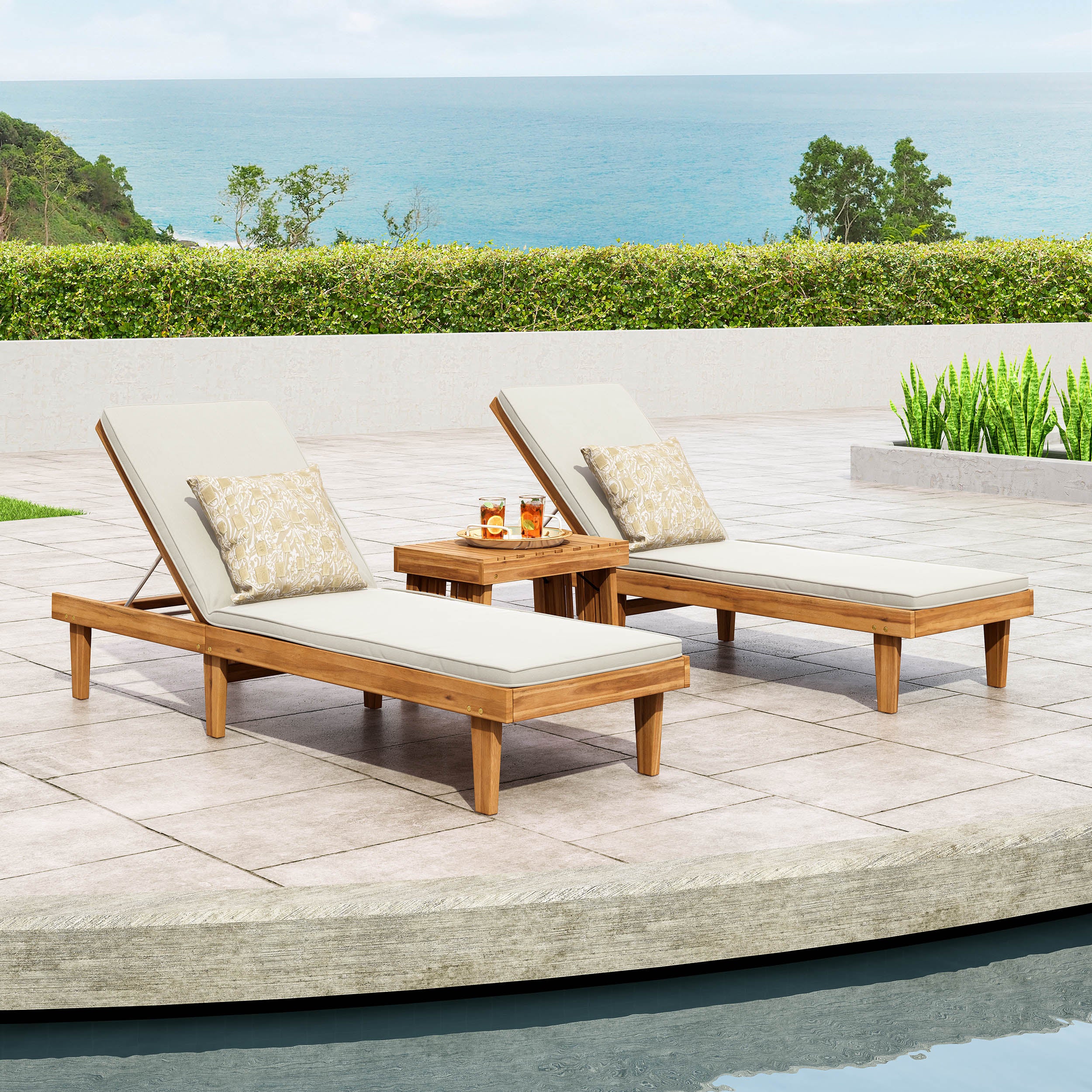 Addisyn Outdoor Acacia Wood 3 Piece Chaise Lounge Set with Water-Resistant Cushions - furnishings