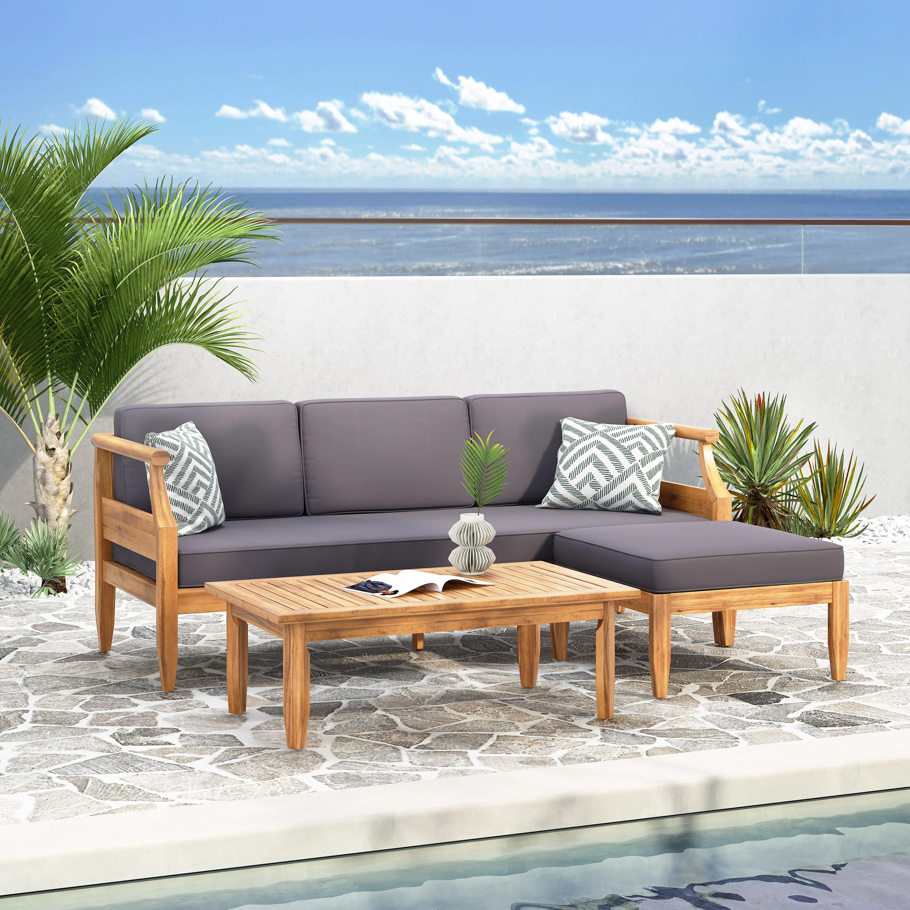 Bianca Mid-Century Modern Acacia Wood 3 Seater Sofa Chat Set with Ottoman, Teak and Dark Gray - furnishings