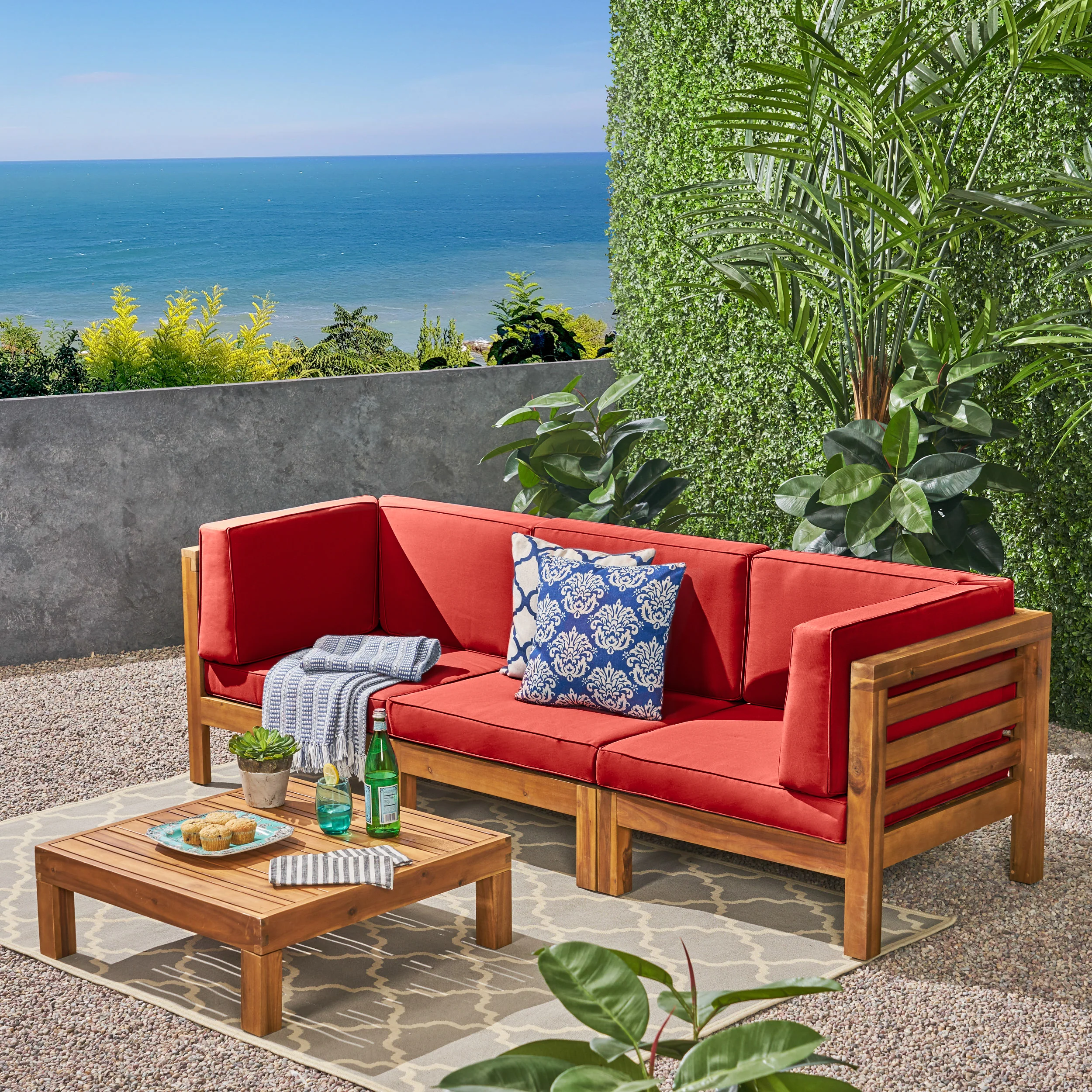 Dawson Outdoor Sectional Sofa Set with Coffee Table - 4-Piece 3-Seater - Acacia Wood - Outdoor Cushions - furnishings