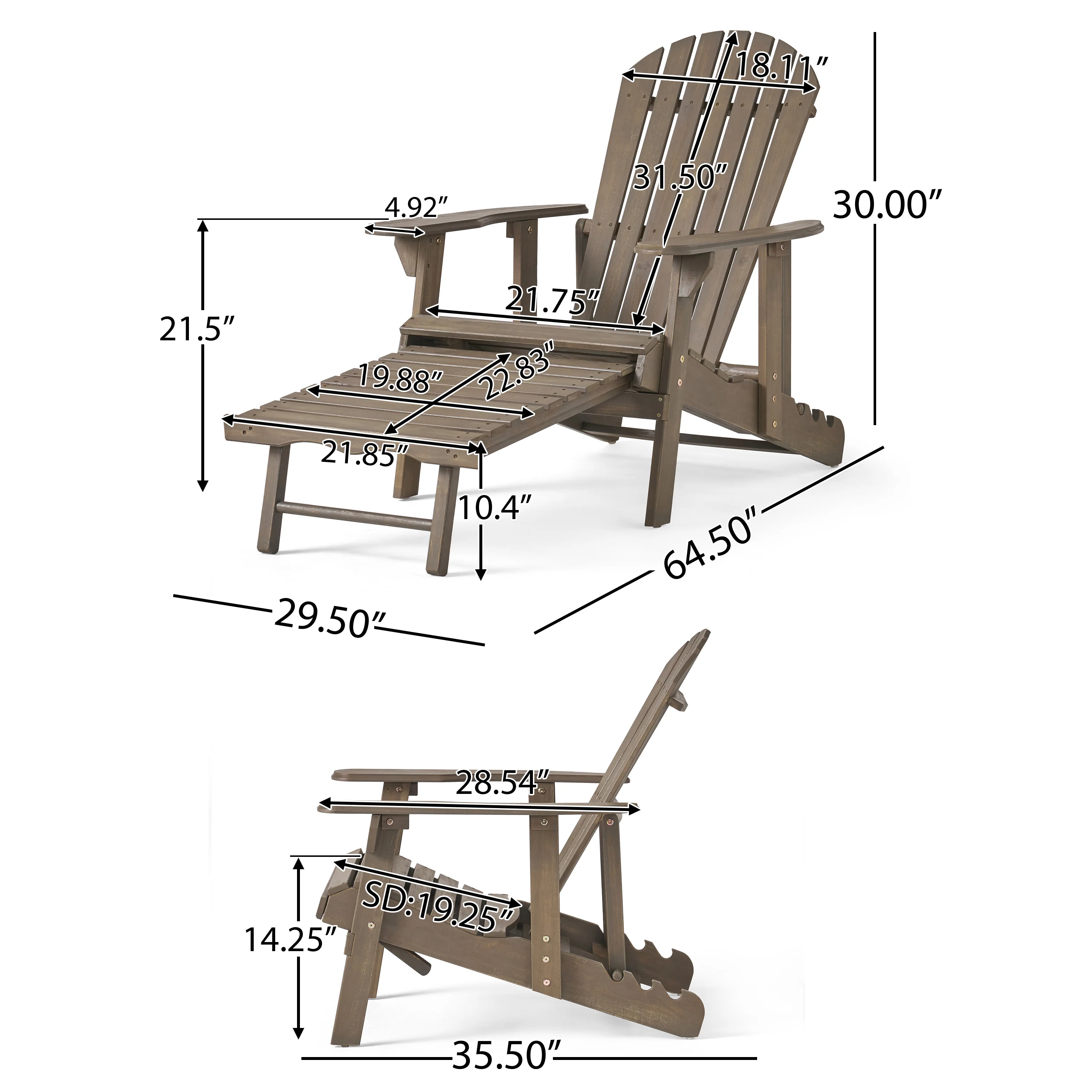 Kono Outdoor Acacia Wood Reclining Adirondack Chair with Footrest - furnishings