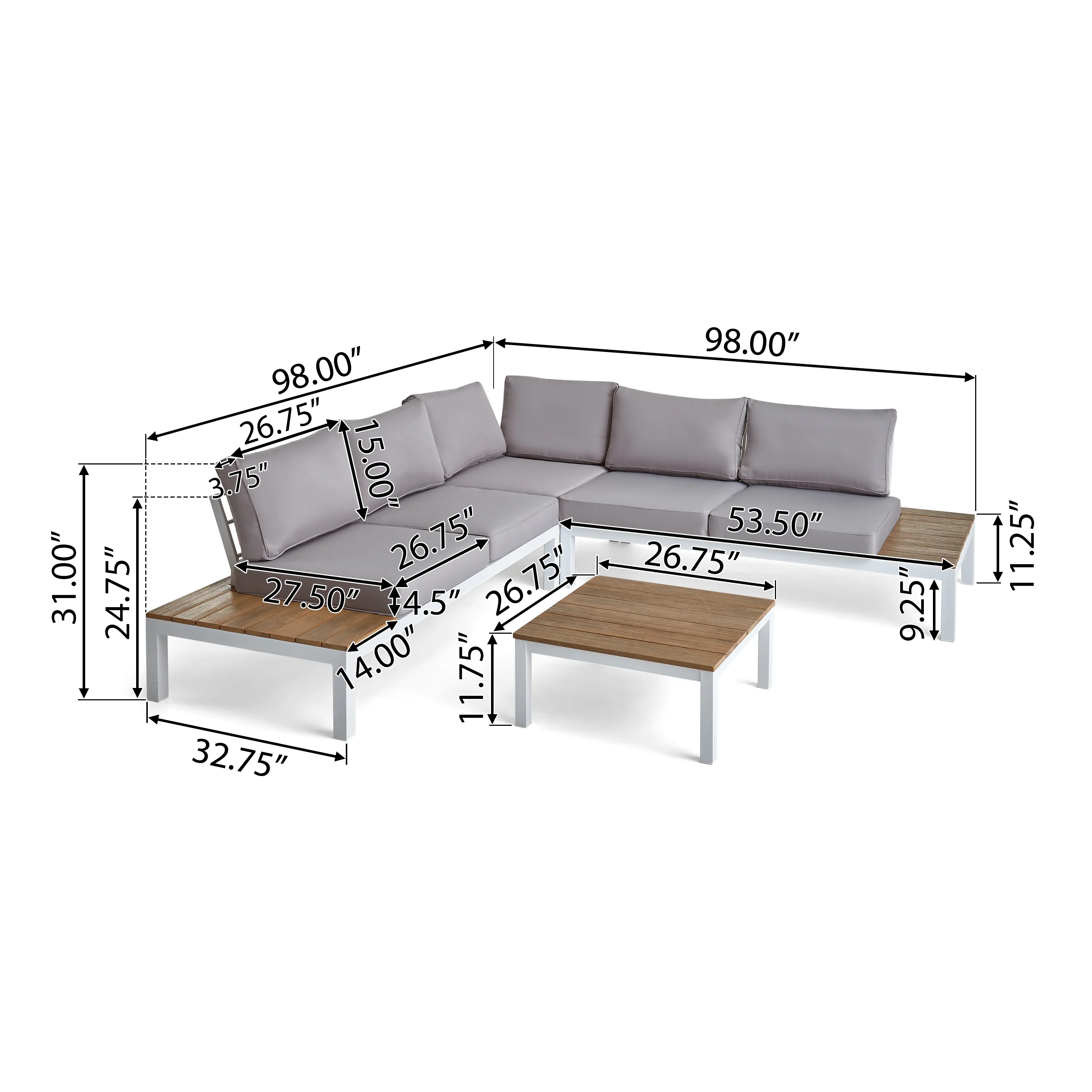 Blessen Outdoor Aluminum and Wood V-Shaped Sofa Set with Cushions - furnishings