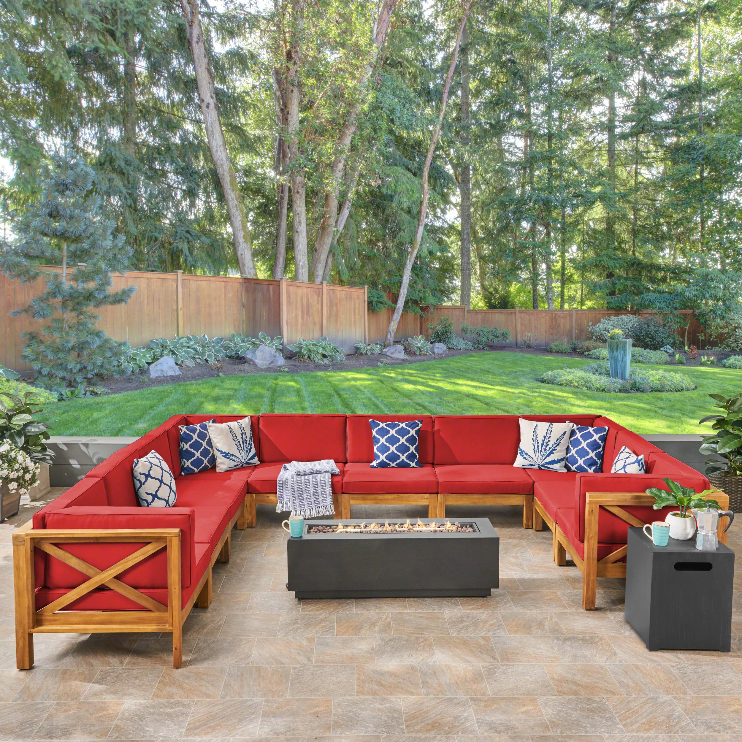Lorelei Outdoor Acacia Wood 10 Seater U-Shaped Sectional Sofa Set with Fire Pit - furnishings