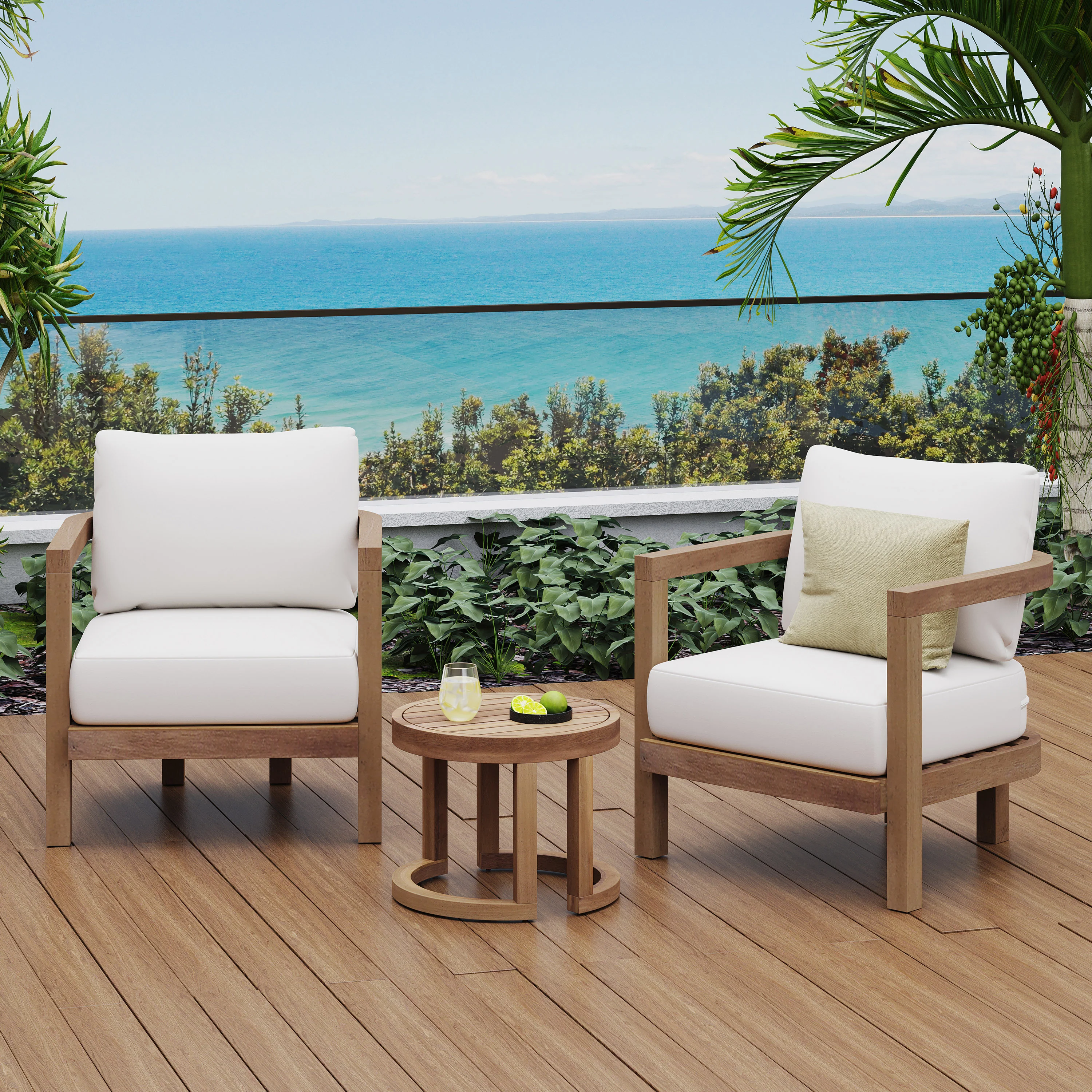 Aston Outdoor Acacia Wood 3 Piece Chat Set with Cushions, Beige and Brown Wash - furnishings