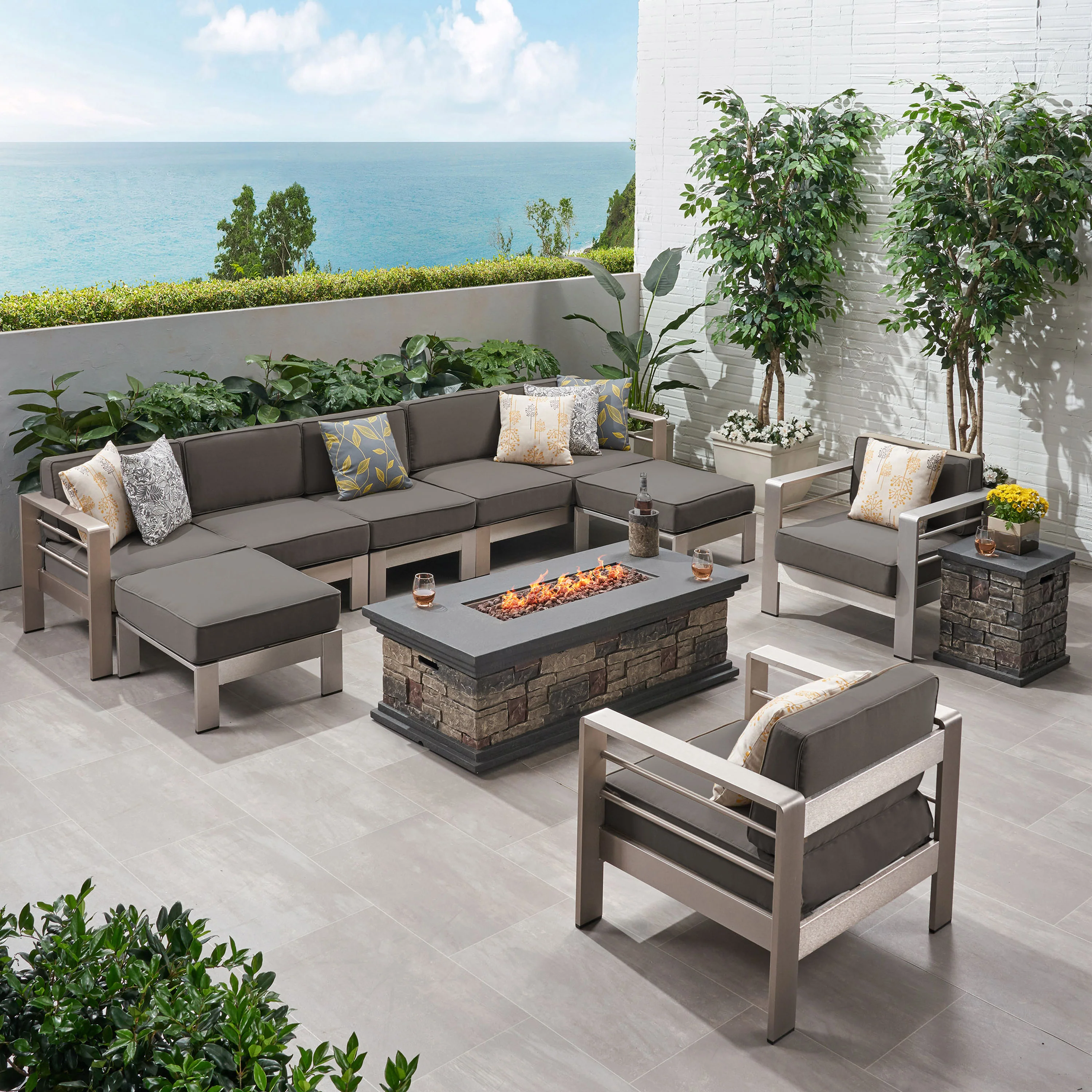 Danae Coral Outdoor 7 Seater Extended Aluminum Chat Set with Fire Pit - furnishings