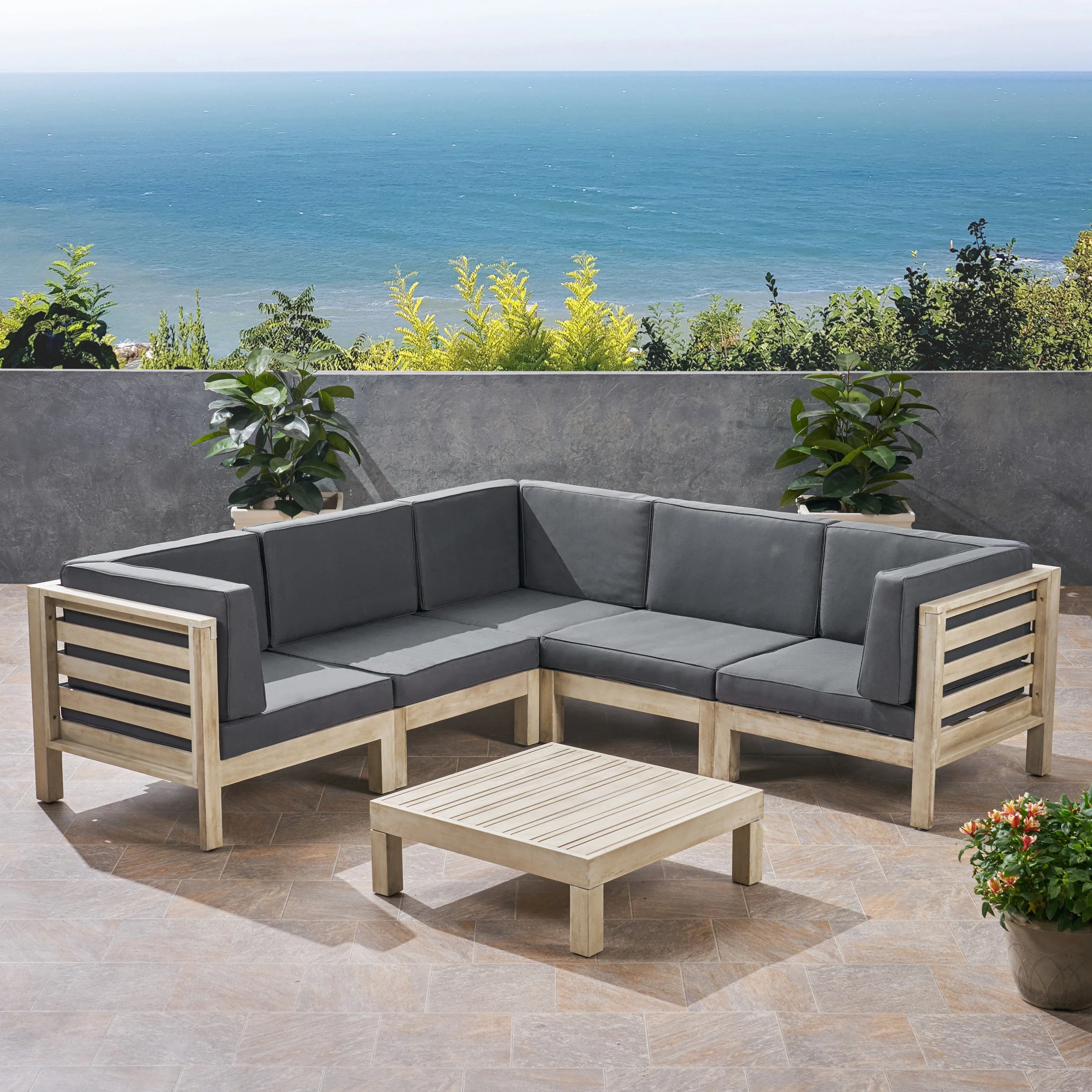 Dawson Outdoor V-Shaped Sectional Sofa Set with Coffee Table - 6-Piece 5-Seater - Acacia Wood - Outdoor Cushions - Weathered Gray and Dark Gray - furnishings