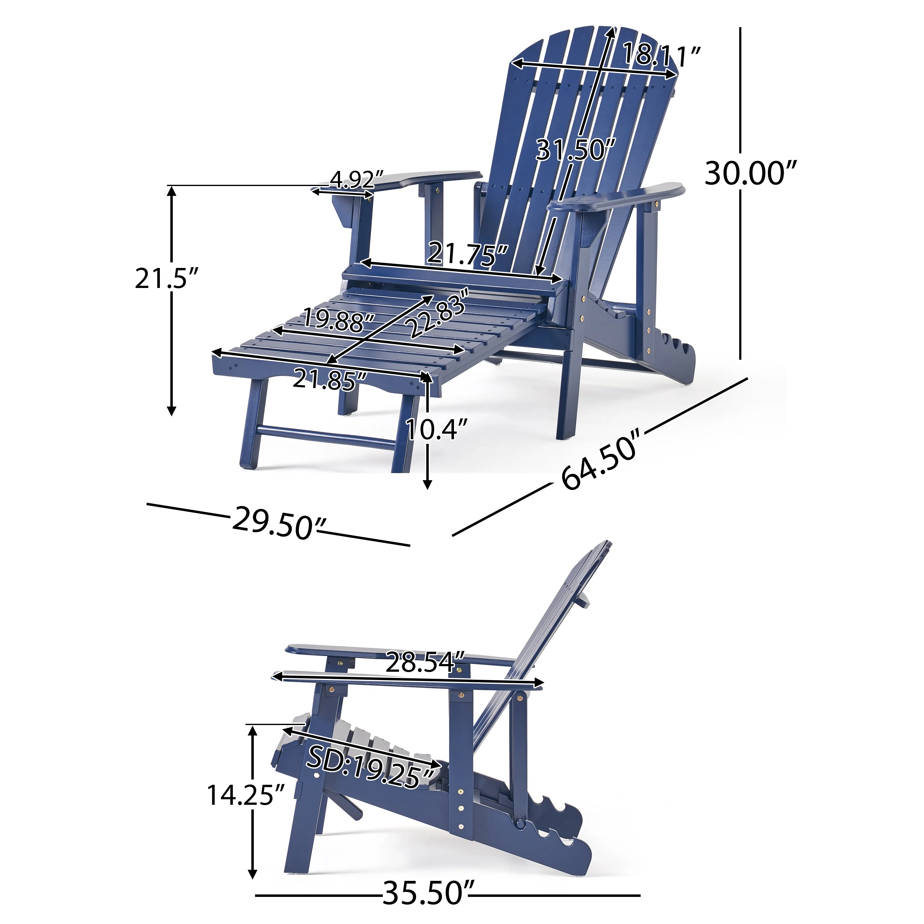 Kono Outdoor Acacia Wood Reclining Adirondack Chair with Footrest - furnishings