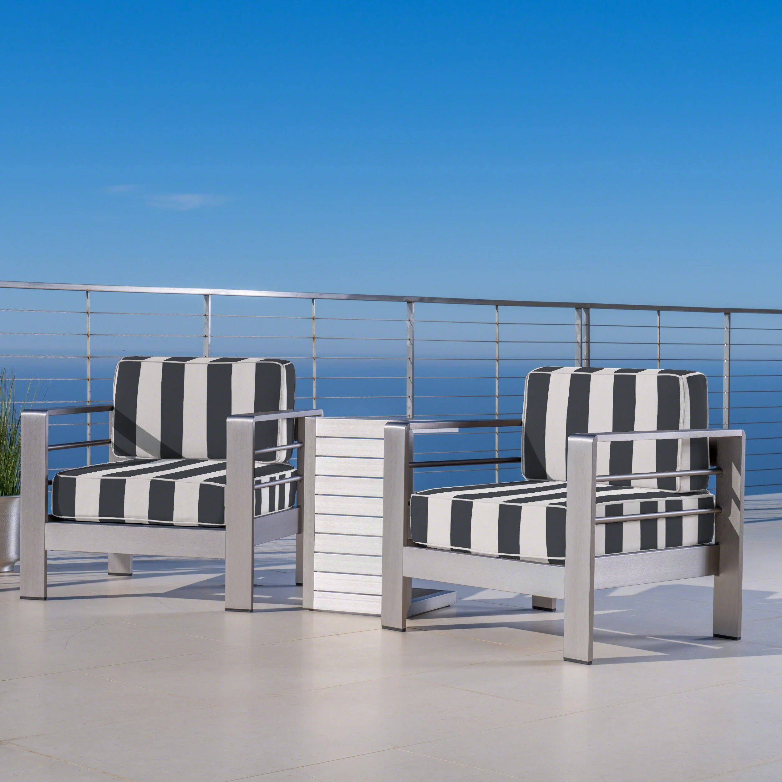 Parrish Coral Outdoor Aluminum Club Chairs and Side Table Set with Cushions, Silver and Cabana Classic Sunbrella (Optional Sunbrella Cushions) - furnishings