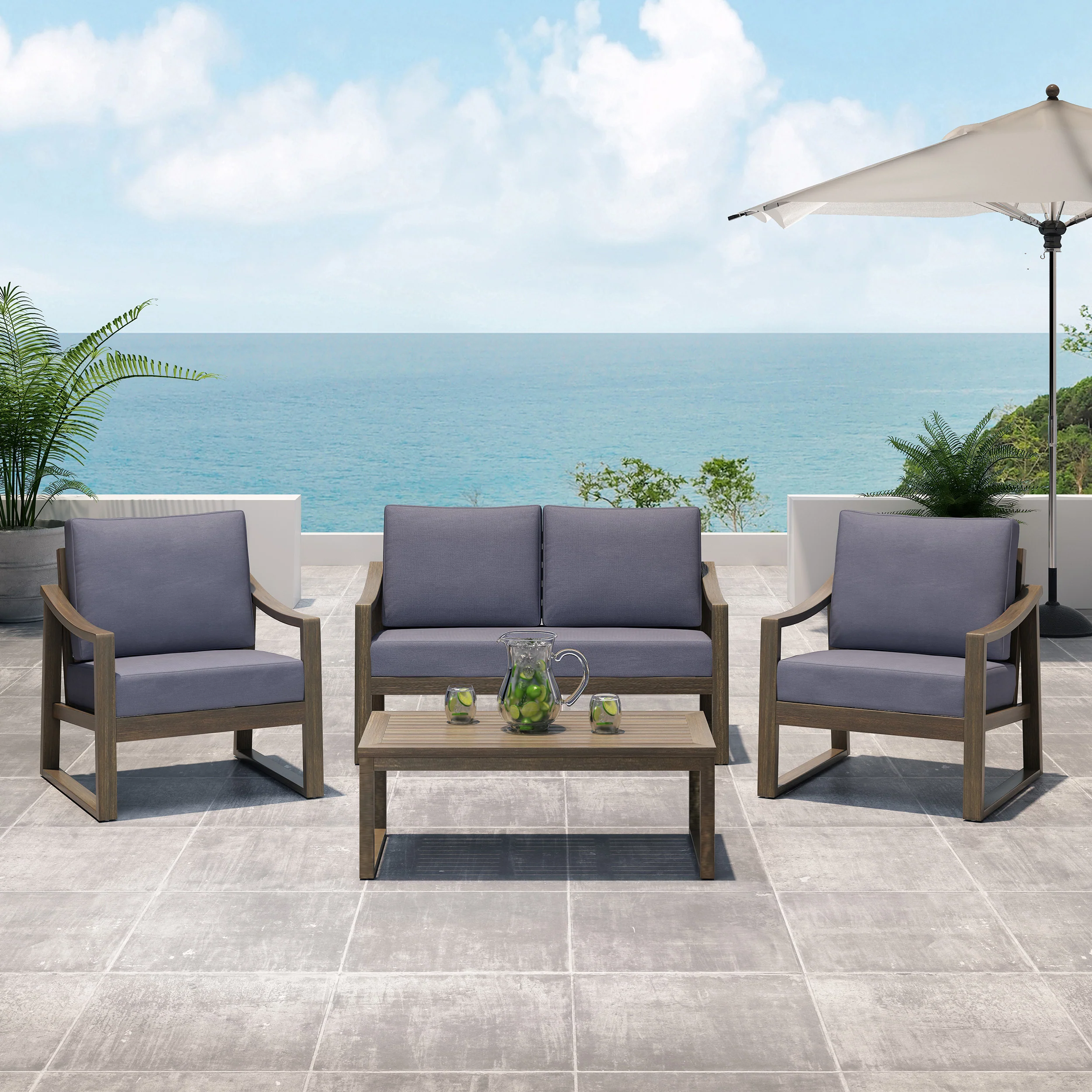 Johnlucas Outdoor 4 Seater Acacia Wood Chat Set with Water Resistant Cushions - furnishings
