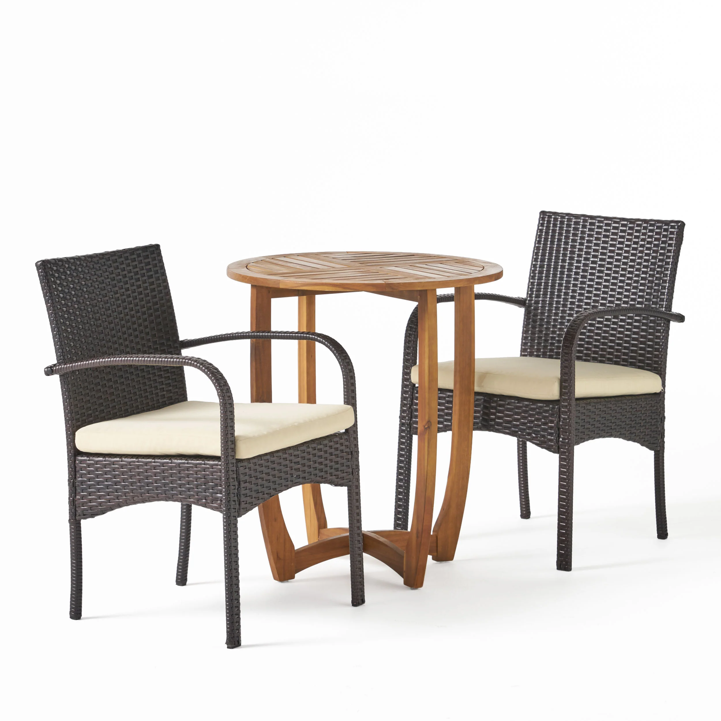 Jerica Outdoor 3 Piece Acacia Wood/ Wicker Bistro Set with Cushions, Teak Finish and Multibrown with Cr¡§¡§me - furnishings