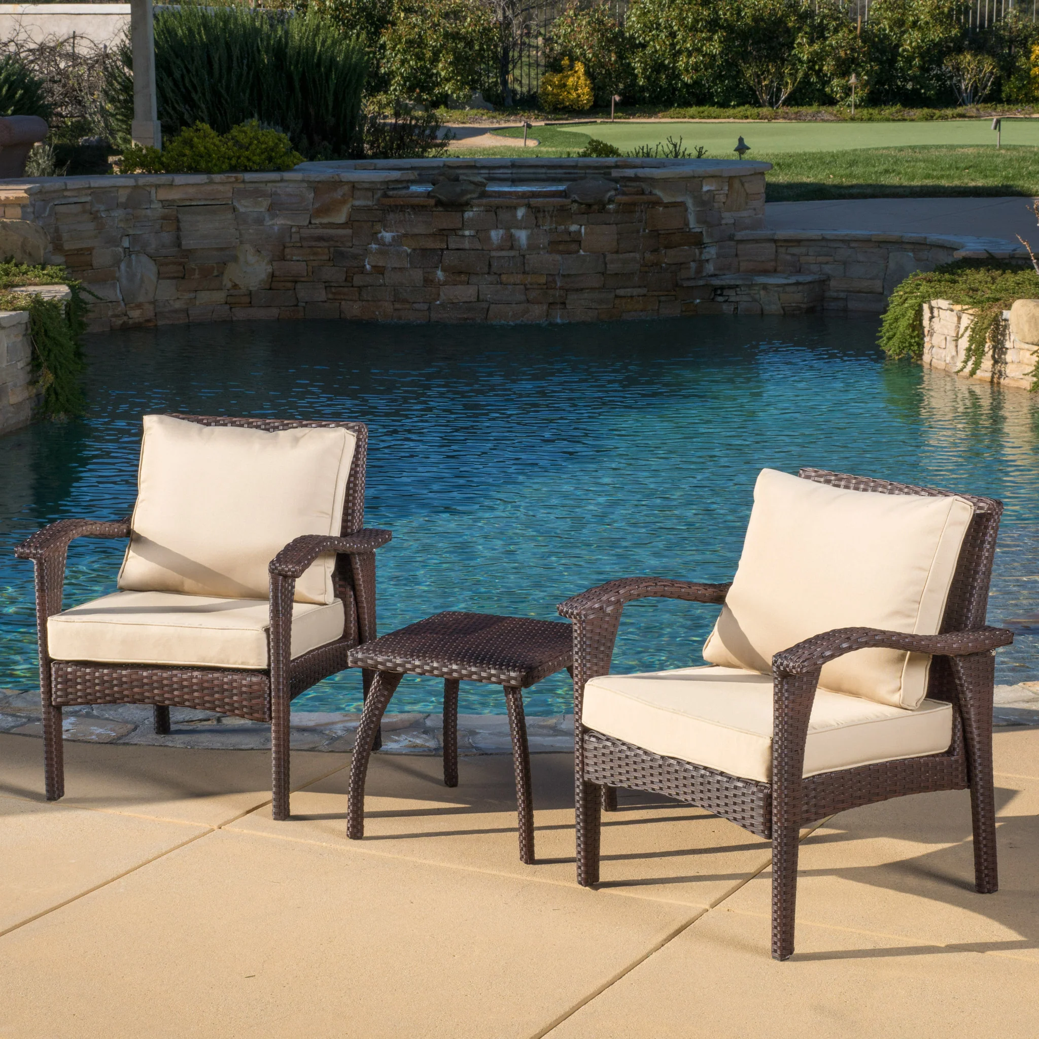 Maui Outdoor 3-piece Brown Wicker Chat Set with Cushions - furnishings